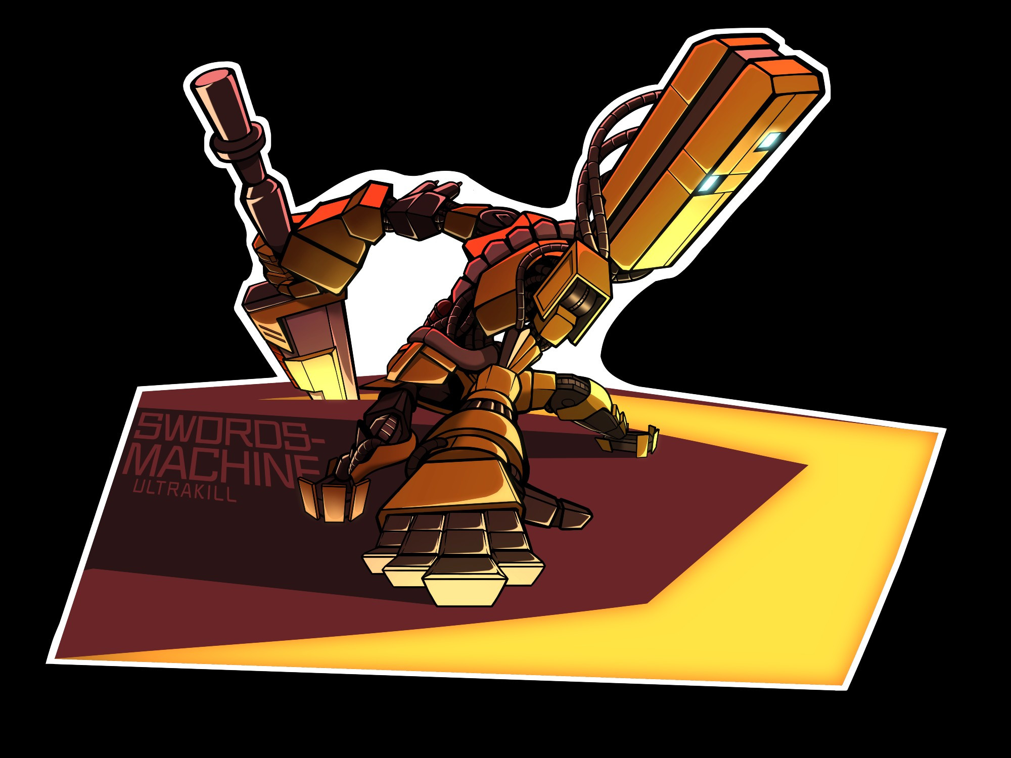 Chibi version of Swordsmachine doing a superhero landing pose with its sword embedded in the ground.