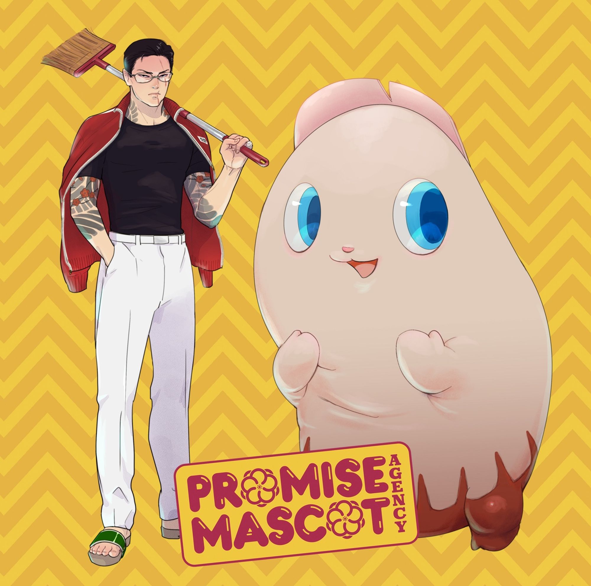 A tattooed man with glasses, white jeans, black T-shirt, and red jacket holds a broom over his shoulder and stands beside a giant severed finger with blue eyes and hands. In front of them is the sign “Promise Mascot Agency”.