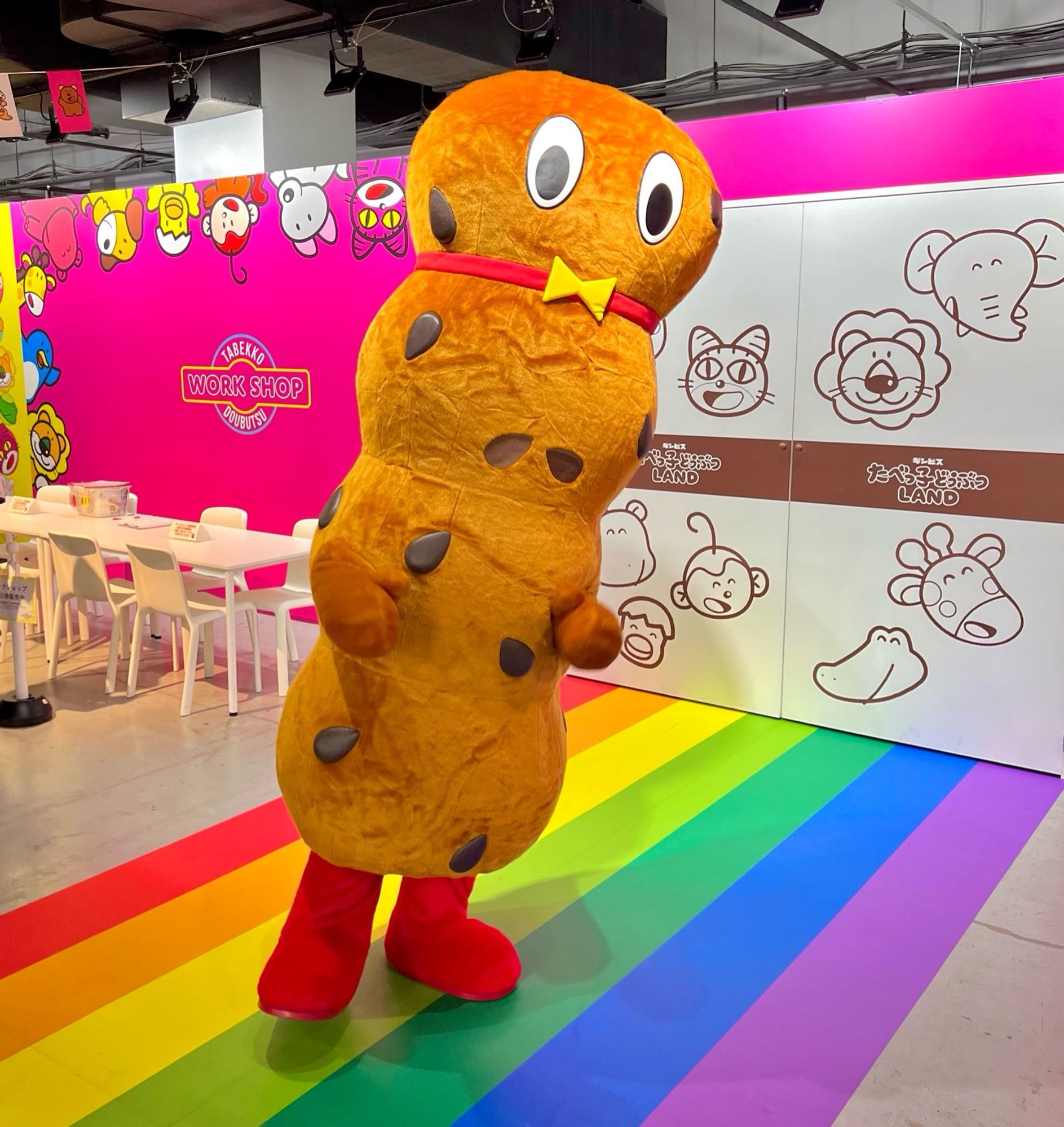 A tall cookie with sesame seeds on it, red boots, and a yellow bow tie, stands on a rainbow-patterned floor in front of a wall with animal pictures on it.