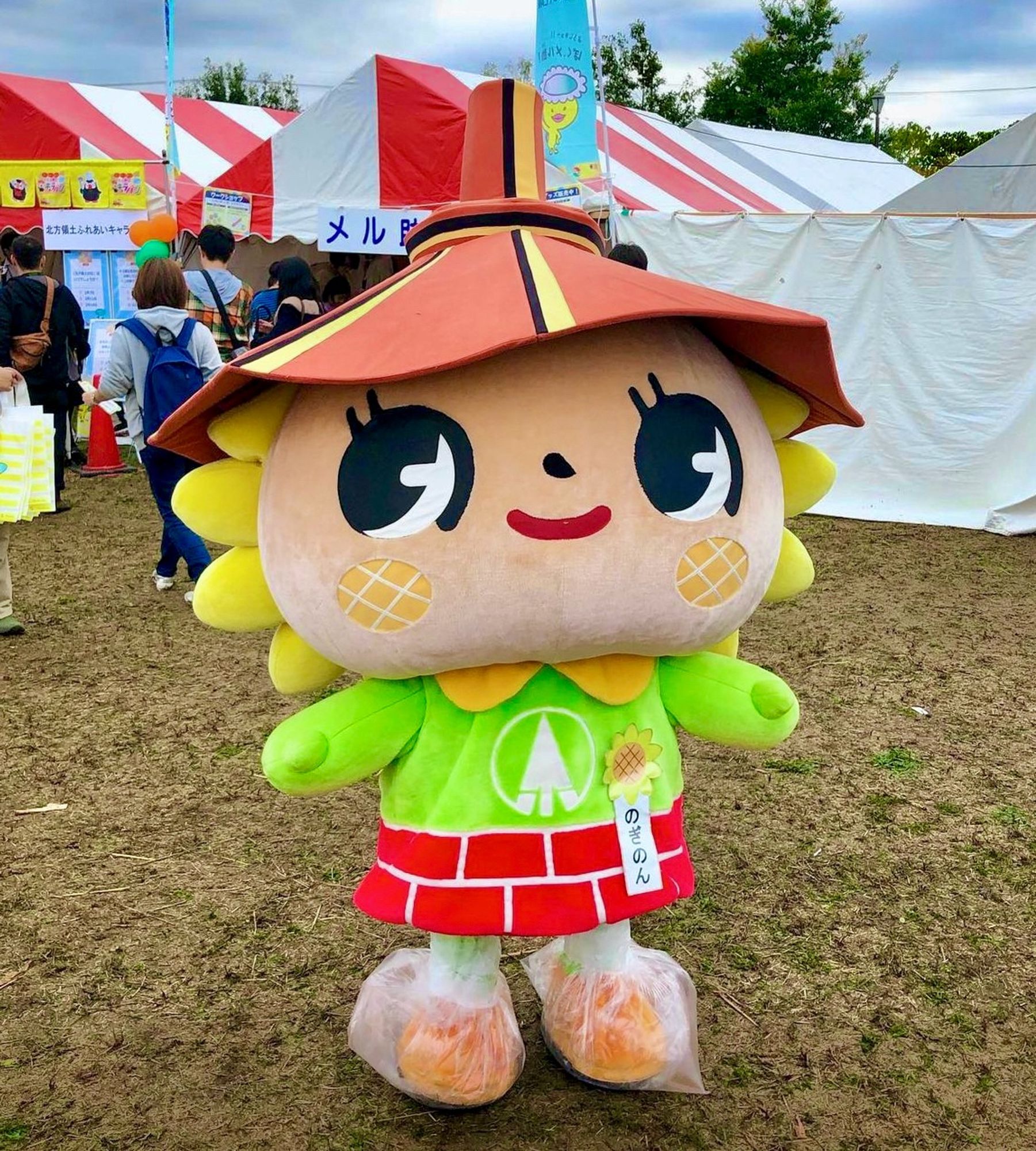 A smiling sunflower mascot with a brick dress and roof hat stands in a muddy field.