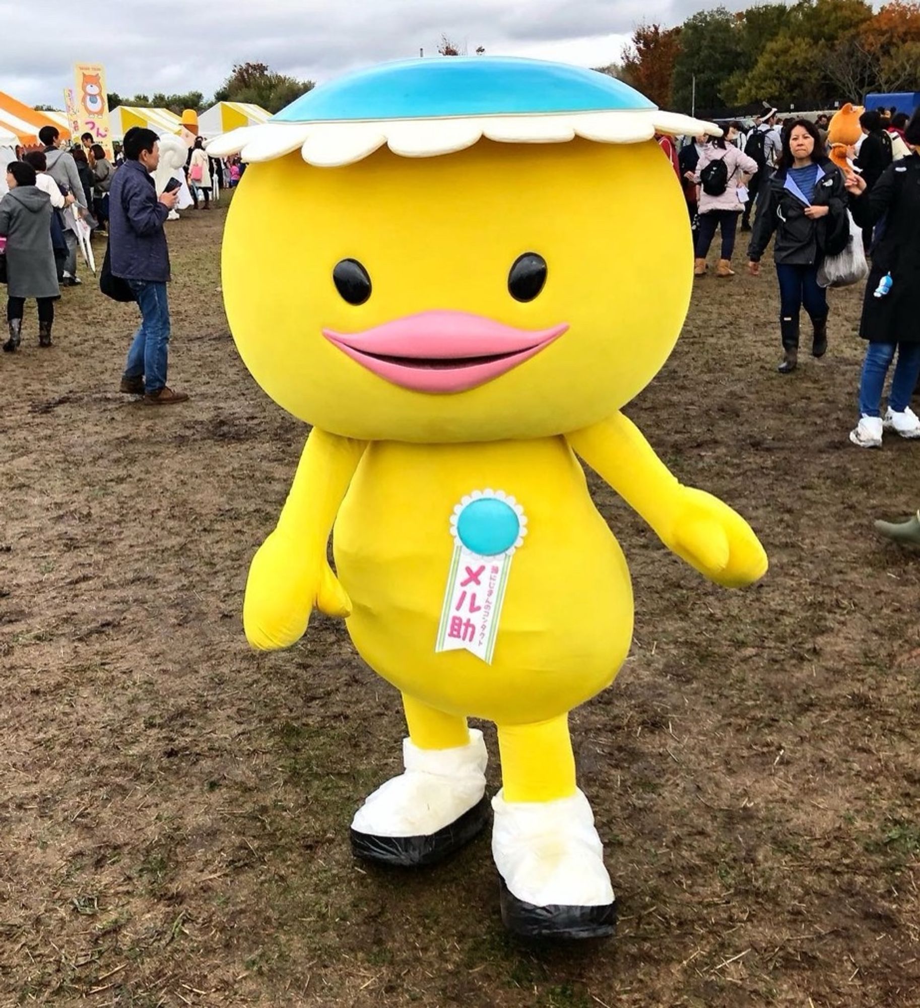 A grinning yellow kappa stands in a crowded, muddy field.