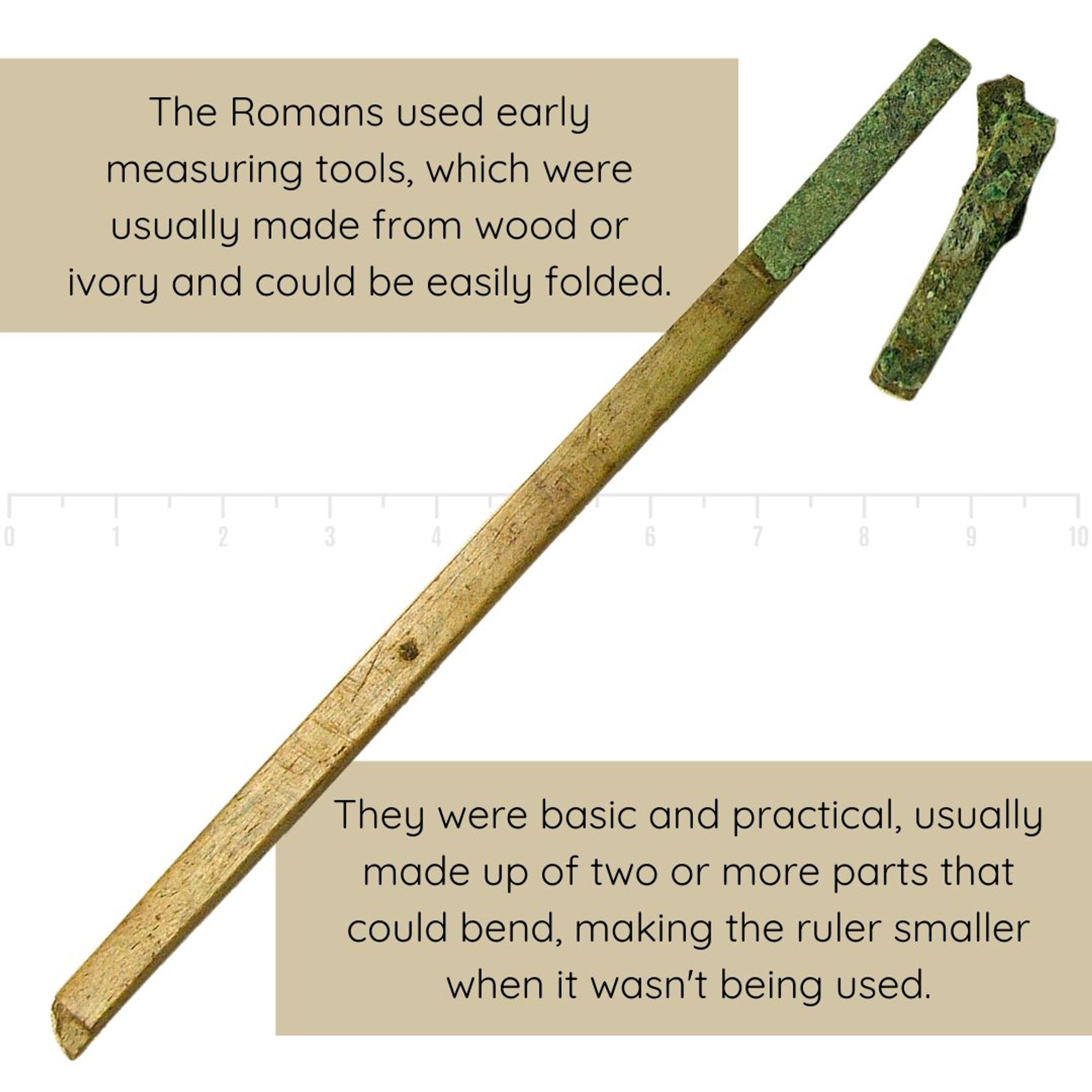 An ancient Roman measuring tool made of wood, partially broken into two pieces. The larger piece is a long, straight rod with a worn, aged surface, while the smaller piece appears to have a greenish patina, indicating corrosion. Two beige text boxes overlay the image, one at the top left and another at the bottom right, providing information about the tool: "The Romans used early measuring tools, which were usually made from wood or ivory and could be easily folded." and "They were basic and practical, usually made up of two or more parts that could bend, making the ruler smaller when it wasn’t being used." A faint, modern measurement scale from 0 to 10 is visible in the background.