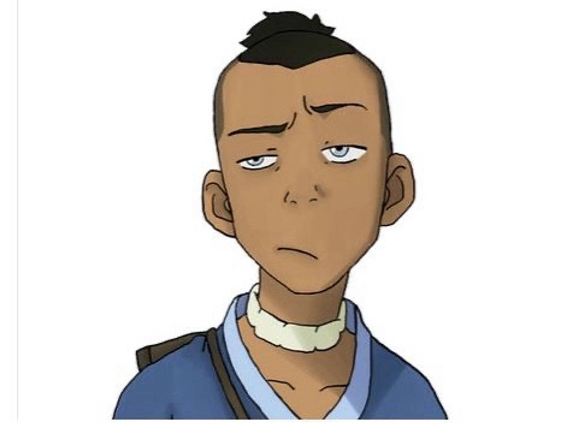 A cartoon. A young Inuit man in a blue shirt, and black hair in a ponytail with an undercut. He looks unimpressed.