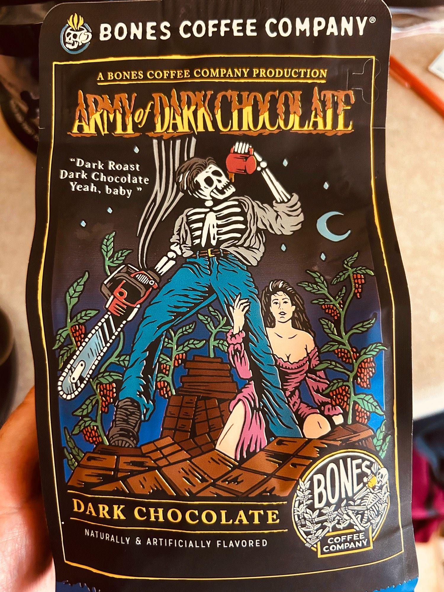 “Come get some!” Bones Coffee Company bag of Army of DarkChocolate coffee with a stylized Ash skeleton on the front being badass.