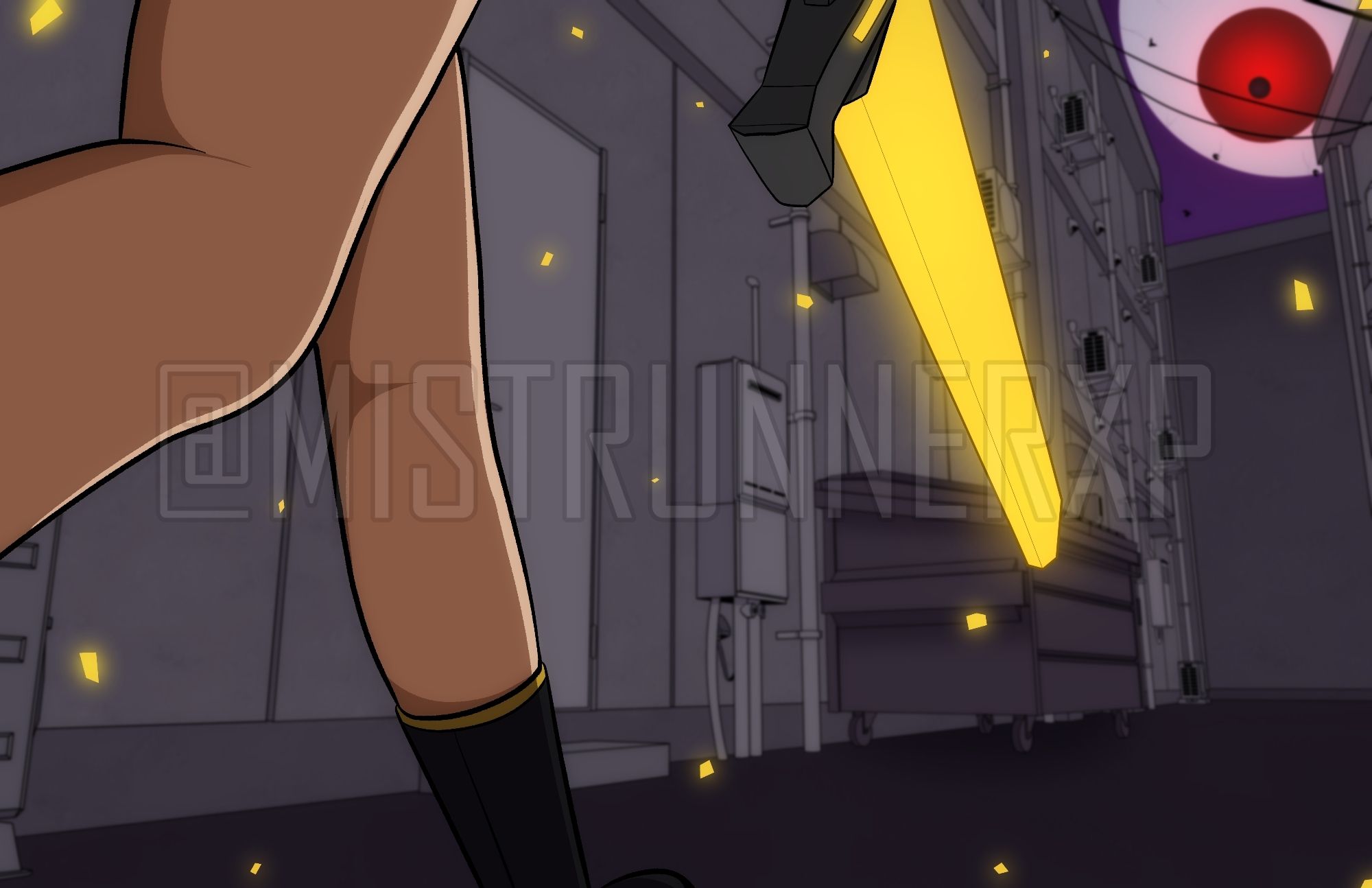 Cleo, a main character in M.I.A, is seen walking down an alleyway with a glowing yellow sword drawn