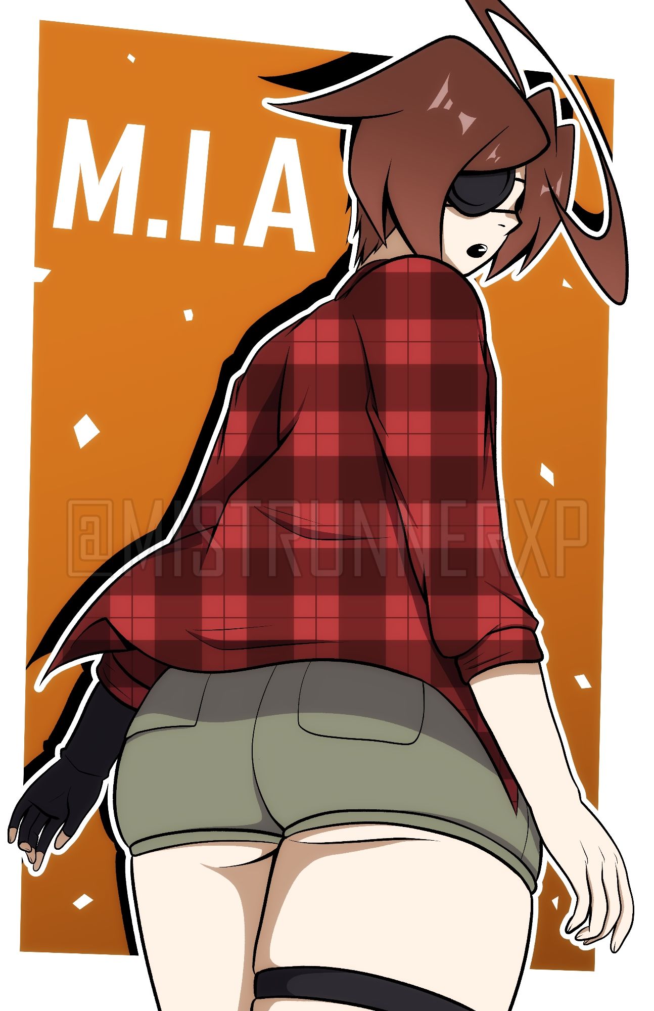 Mia looking behind their back and wearing a red flannel.