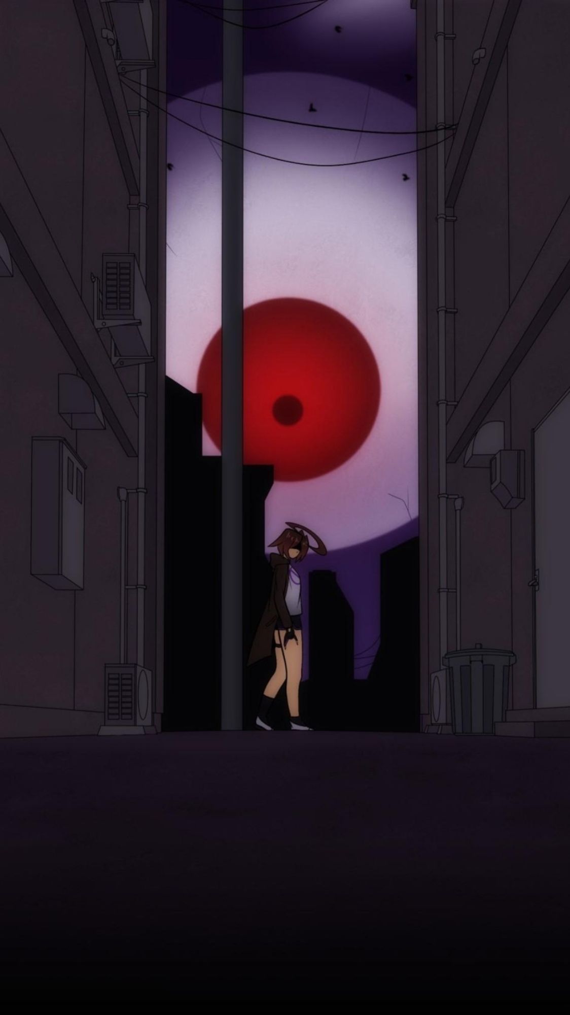 A panel from the comic itself depicting Mia standing outside of an alleyway with a huge red eye looming in the sky behind them.