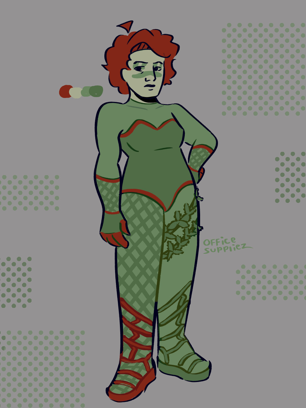 Poison Ivy from Batman, she has a short, curly, red haircut, green tinted pale almost white skin, green blush and eyeshadow, and a look of contempt on her face. she is wearing green fullbody tights, green gloves with red fingers and lace. she has a one piece dark green top, one green fishnet tight on her right leg, two strands of poison ivy on her left leg, and mismatched sandals (green and red). she is standing with her left hand on her hip and right hand hanging down. she is looking at the camera