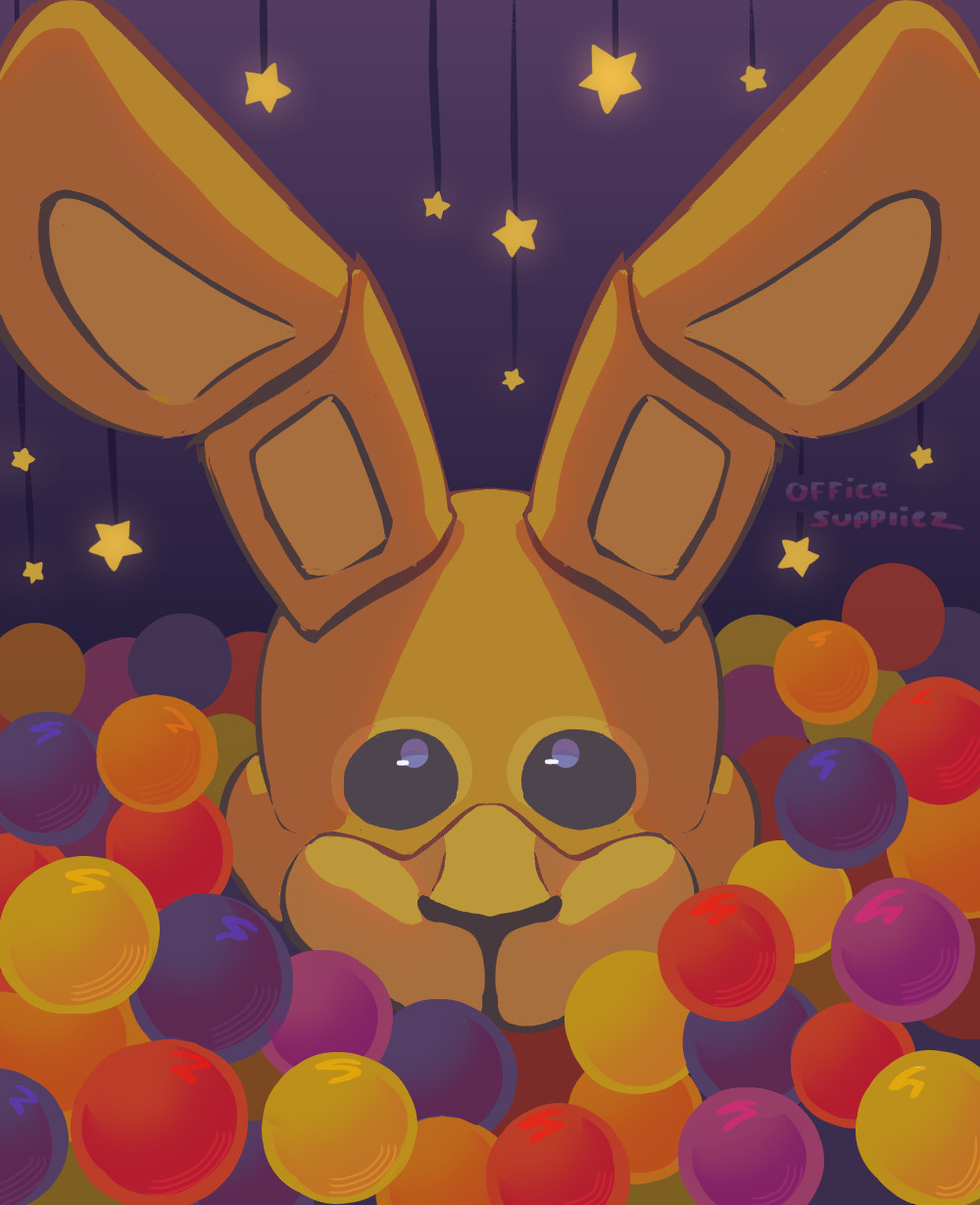 A yellow rabbit animatronic sits in a ball pit, only its head visible, its blue eyes staring into the camera. There are stars glowing above it, they are held by dark blue strings. 