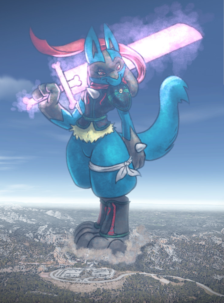 Cobalt the Lucario, showing off their glowing purple Aura Sword, stamping out Mt. Rushmore.