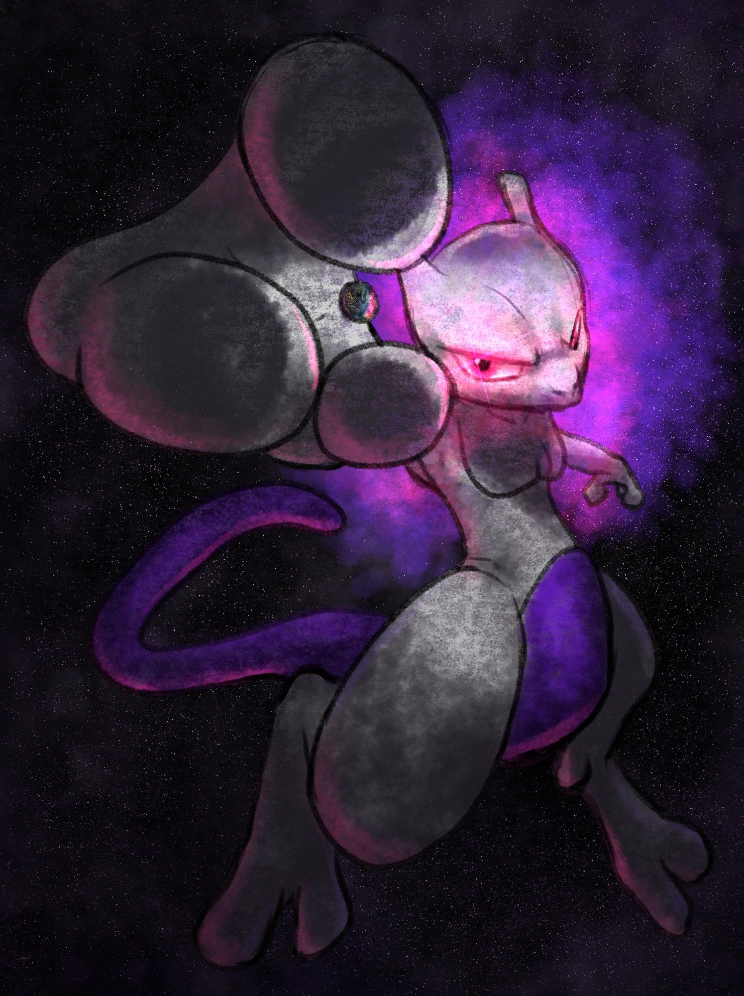 A cosmic scaled Mewtwo demonstrating his skill and power by not crushing the tiny, pea sized Earth between his fingers.