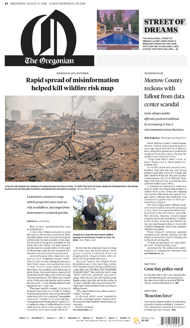 The front page of the Wednesday, August 13, 2025 Oregonian newspaper.