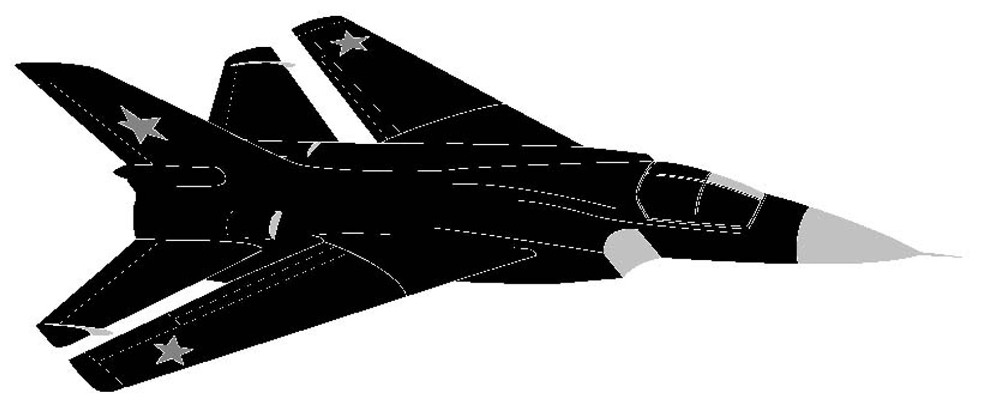 A black and gray illustration of a MiG-23 jet fighter, flown for nearly 20 years by the Soviet Air Force. The U.S.S.R. exported the plane as well, to allies such as Iraq, Syria, and Cuba. On one otherwise unremarkable mission in Angola, a Cuban pilot witnessed black sludge seeping from the flight controls and overhead panels, slowly filling the cockpit with a kind of viscous tar. He was desperately working his legs into the stirrups of the ejection seat when the sludge suddenly melted away as if never there. The mission preceded flawlessly from that point on, excepting the five molars the pilot realized were missing from his mouth upon landing.