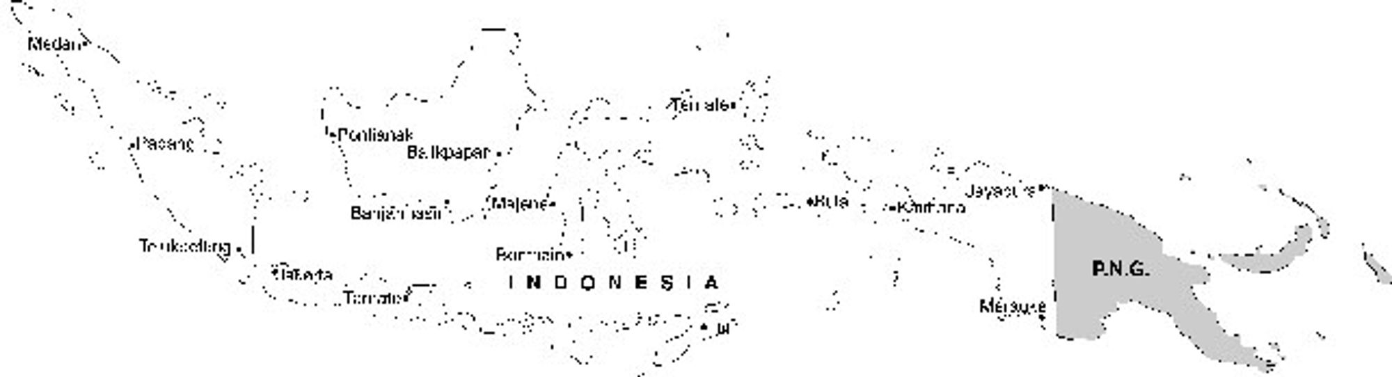 A black and white map of Indonesia, a nation of over 17,000 islands in Oceania. Due to the vagaries of the North Pacific Subtropical Gyre—a combination of subtropical winds and current—the islands of Indonesia have largely been protected from the massive Great Pacific Garbage Patch, a massive floating island of discarded plastic three times the size of France. That changed in 2033 when the Eastern Garbage Patch merged with the Western Garbage Patch and the now-sentient entity launched a full scale invasion of Indonesia, beginning with the smaller islands of Kai Besar and Sanana.