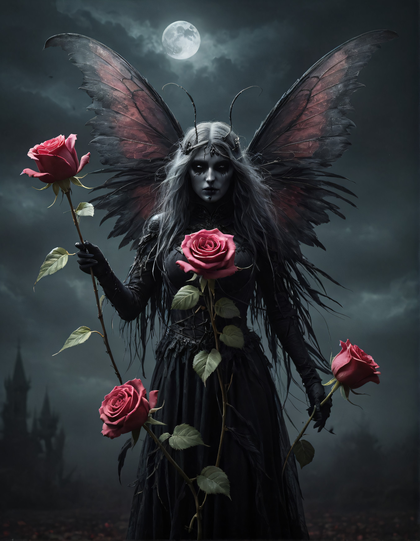 In this dark, gothic scene, a mysterious figure with large, tattered butterfly wings stands under a full moon. Clad in a flowing black dress, her haunting presence is accentuated by dark makeup and intricate headpieces. She holds three vibrant red roses, creating a striking contrast against the eerie, shadowy background, where a distant, ominous castle looms.