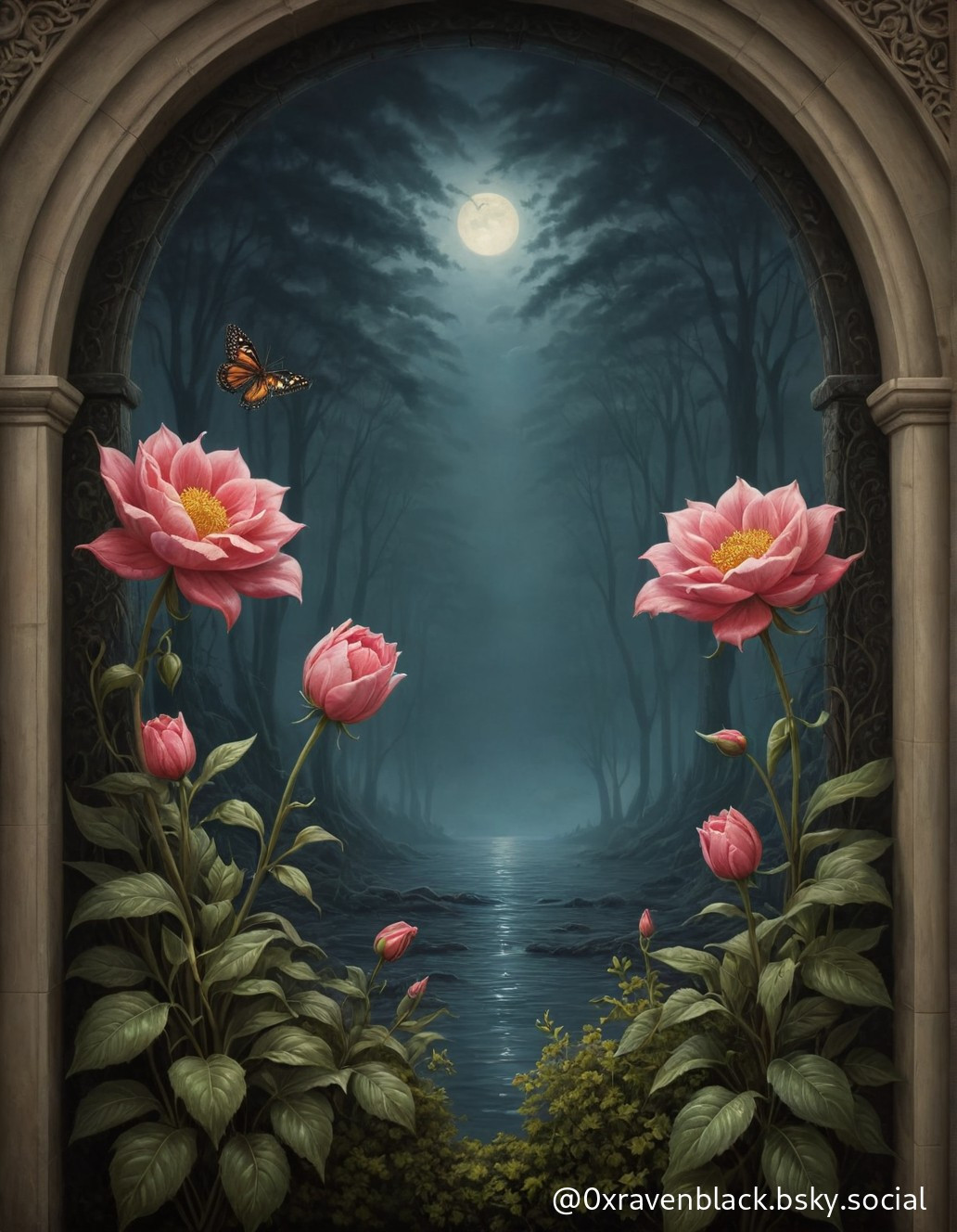 In this captivating image, a serene moonlit scene unfolds through an ornate archway. The full moon casts a luminous glow over a tranquil forest, with a reflective stream running through it. In the foreground, lush pink flowers bloom vibrantly, and a lone butterfly hovers delicately, adding a touch of life to the mysterious and enchanting night. The gothic elements and intricate details create an atmosphere of ethereal beauty and quiet magic.