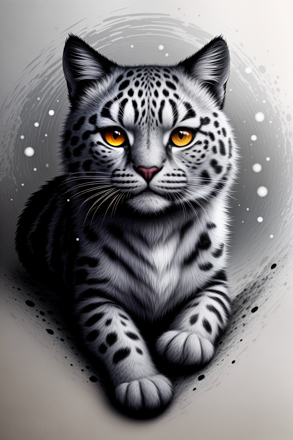 This is an image of a stylized, anthropomorphic cat sitting upright and looking towards the viewer. The cat has striking features such as large, expressive eyes and intricate fur patterns that give it a wild appearance. Its fur has a unique, leopard-like design with black and white spots, and its ears are pointed upwards, which is atypical for domesticated cats.

The background of the image is plain white, emphasizing the cat's features. The cat seems to have a contemplative or curious expression, adding to its characterful appearance. There are no other objects or text in the image; it's solely focused on the cat. The style of the image is illustrative and highly detailed, suggesting that this could be a work of digital art rather than a photograph of a real animal.