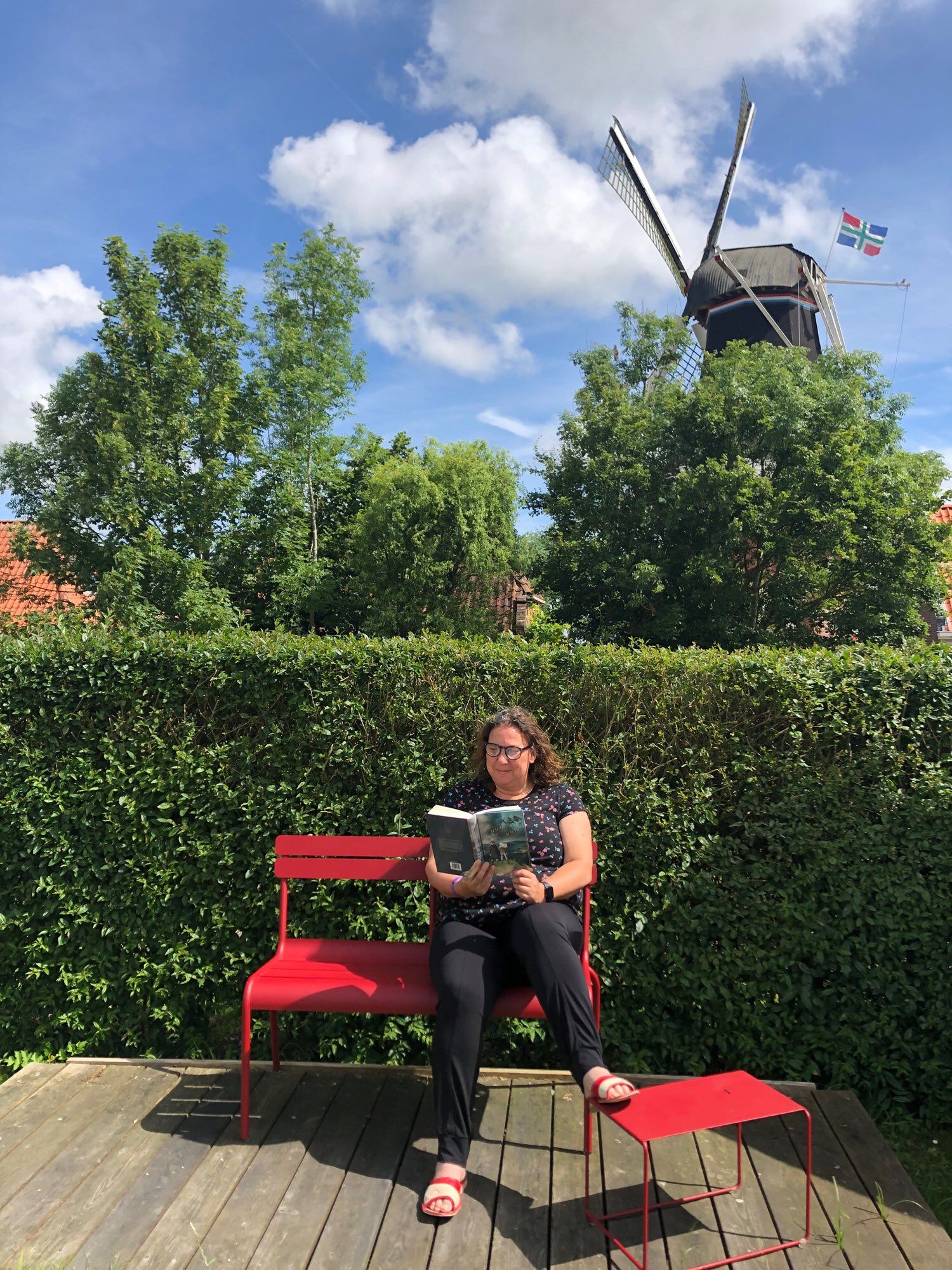 Je ziet mij een boek lezend op een rood tuinbankje voor een heg met een molen op de achtergrond