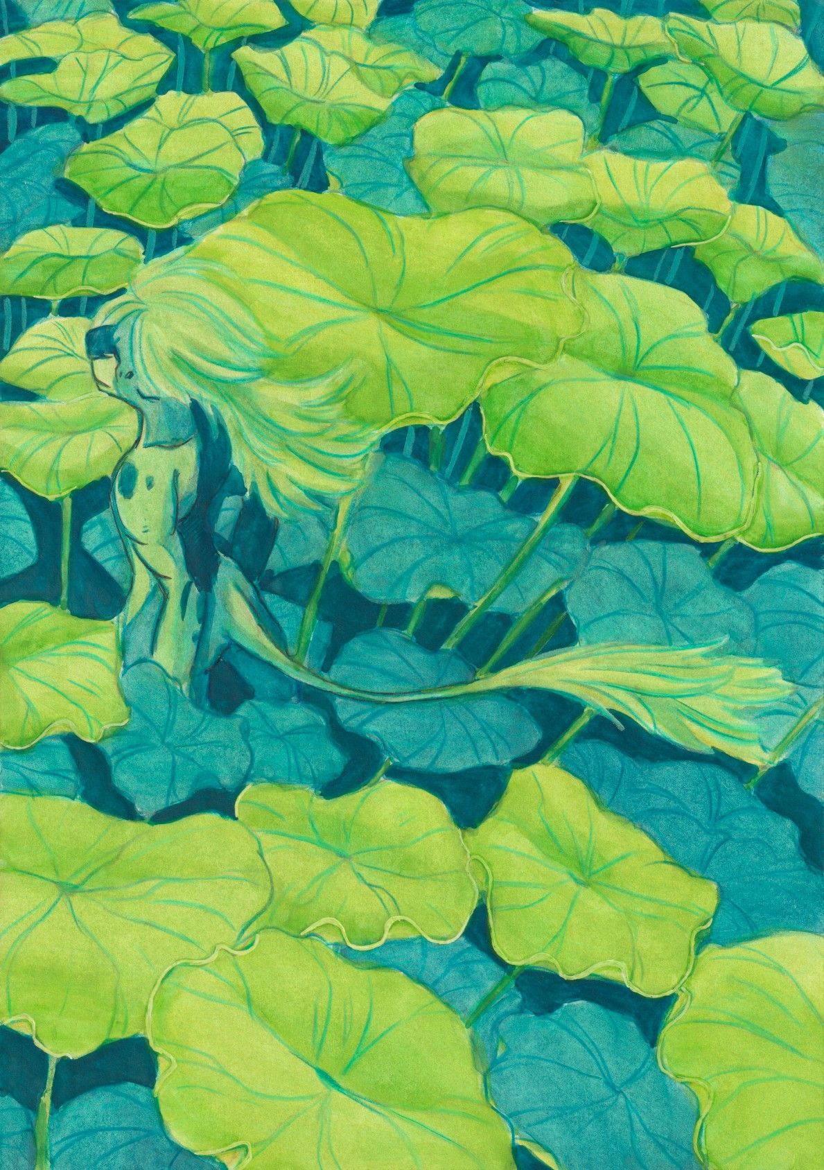 A watercolor-gouache painting depicting a humanoid character with flowy, greenish-yellow hair and long bushy tail (original character) walking through lotus leaves, nearly blending in with them because they are almost the same color as the character.