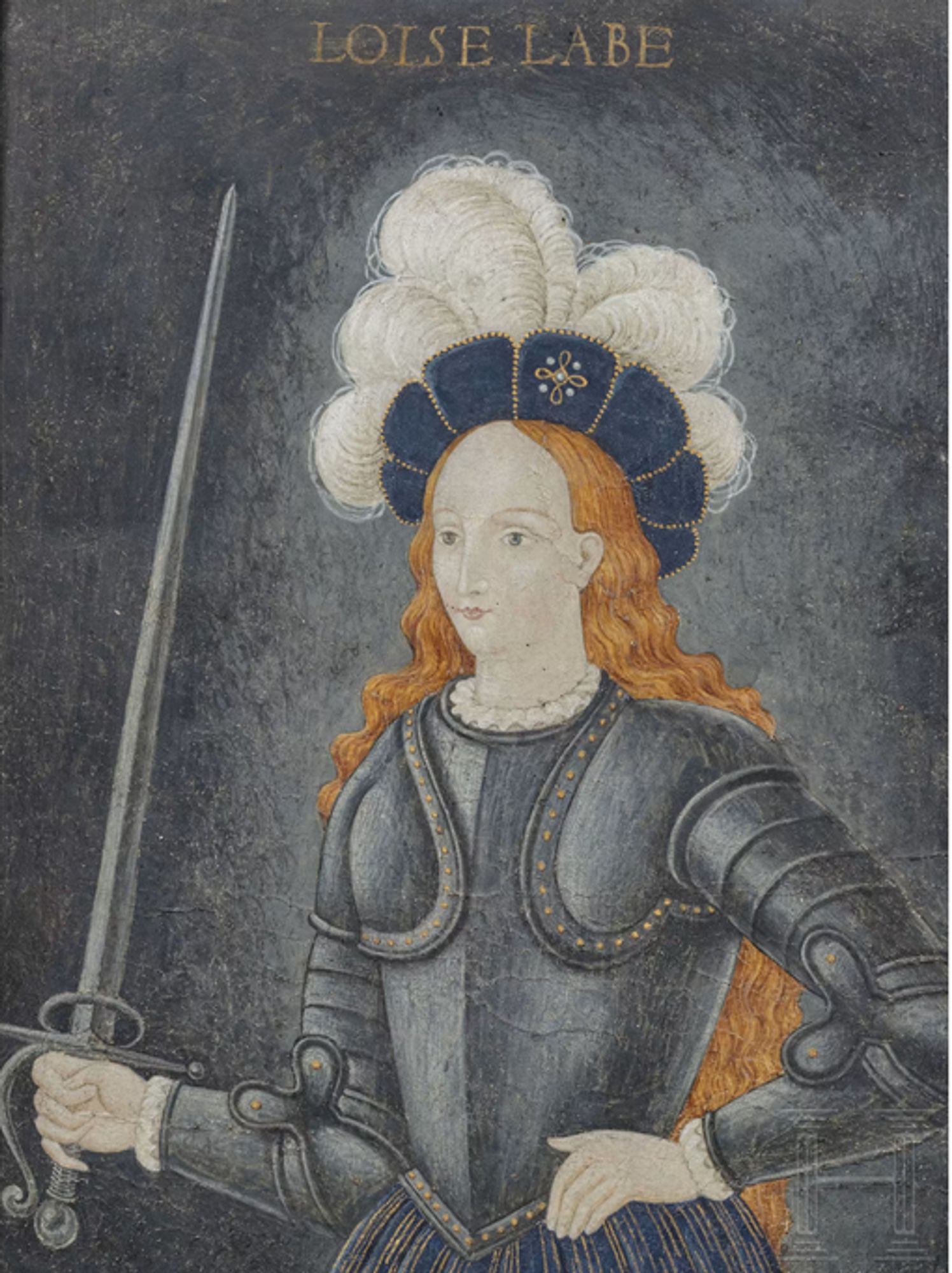 Portrait de Louise Labé attribué à Nicolas Denisot. Louise Labé est représentée en Jeanne d'Arc. Elle porte une armure et tient une épée dressée dans sa main droite. Sous sa toque bleue à plumes blanches, ses longs cheveux roux s'étalent dans son dos.