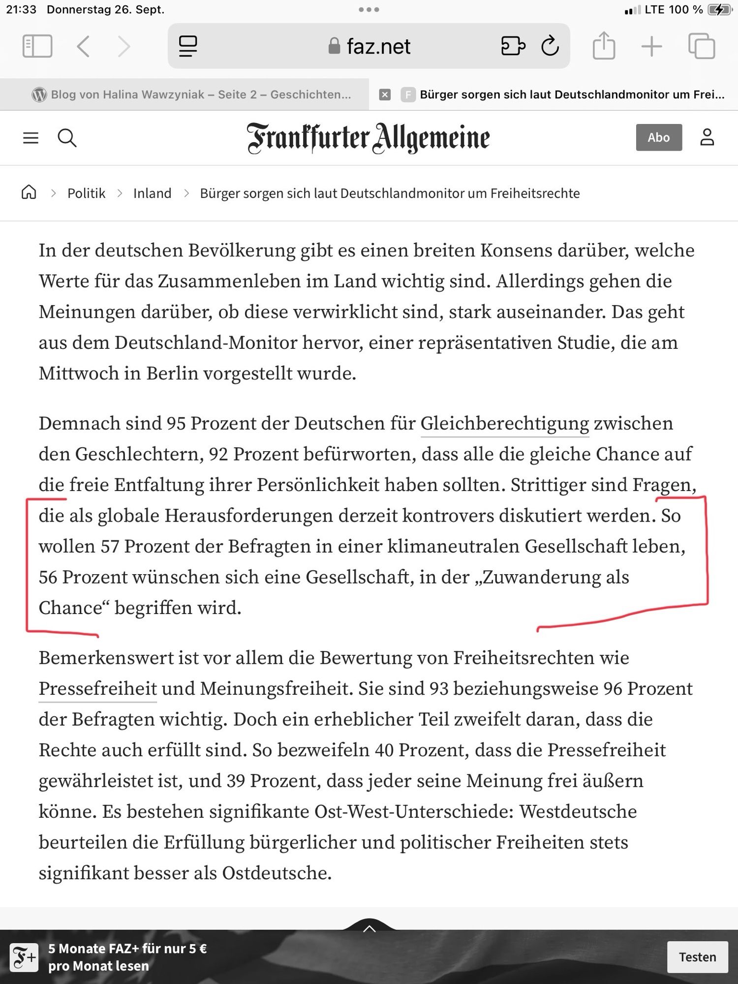 Zeitungsausschnitt mit Umfrageergebnis