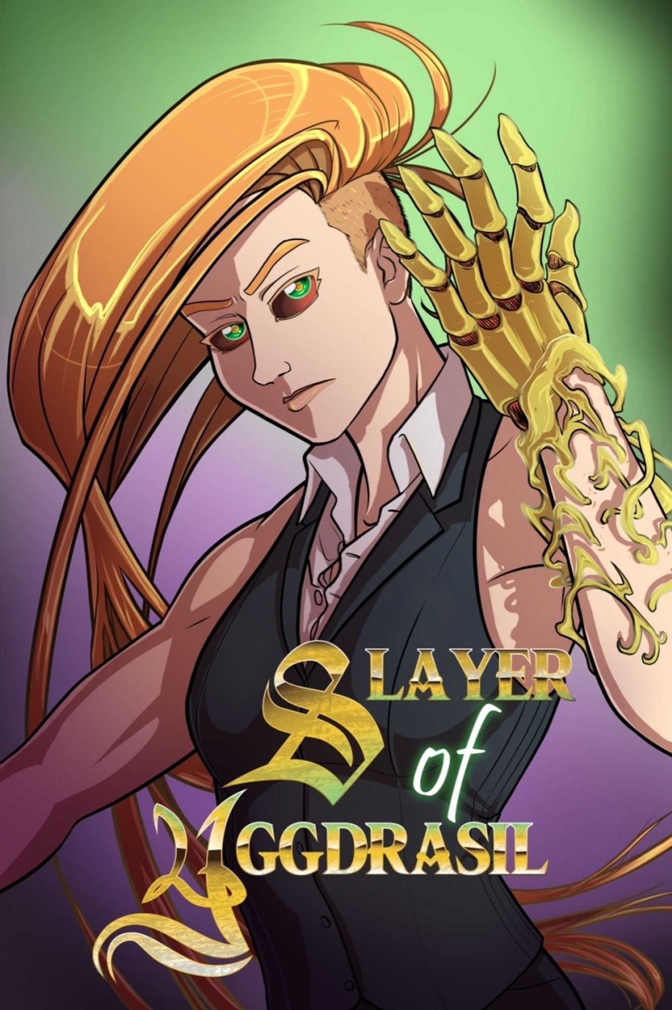 Digital drawing of a woman with very long hair that is shaved on the side and back. Her hair is whipping in the wind. She wears a bartender outfit with no sleeves. Her left hand is in the air as a metal gauntlet emerges from her flesh to become armor on her hand. Her eyes have dark sclera and green irises, while her hair is strawberry blonde and her bartender outfit is dark grey with a white shirt color. A logo reads "Slayer of Yggdrasil"