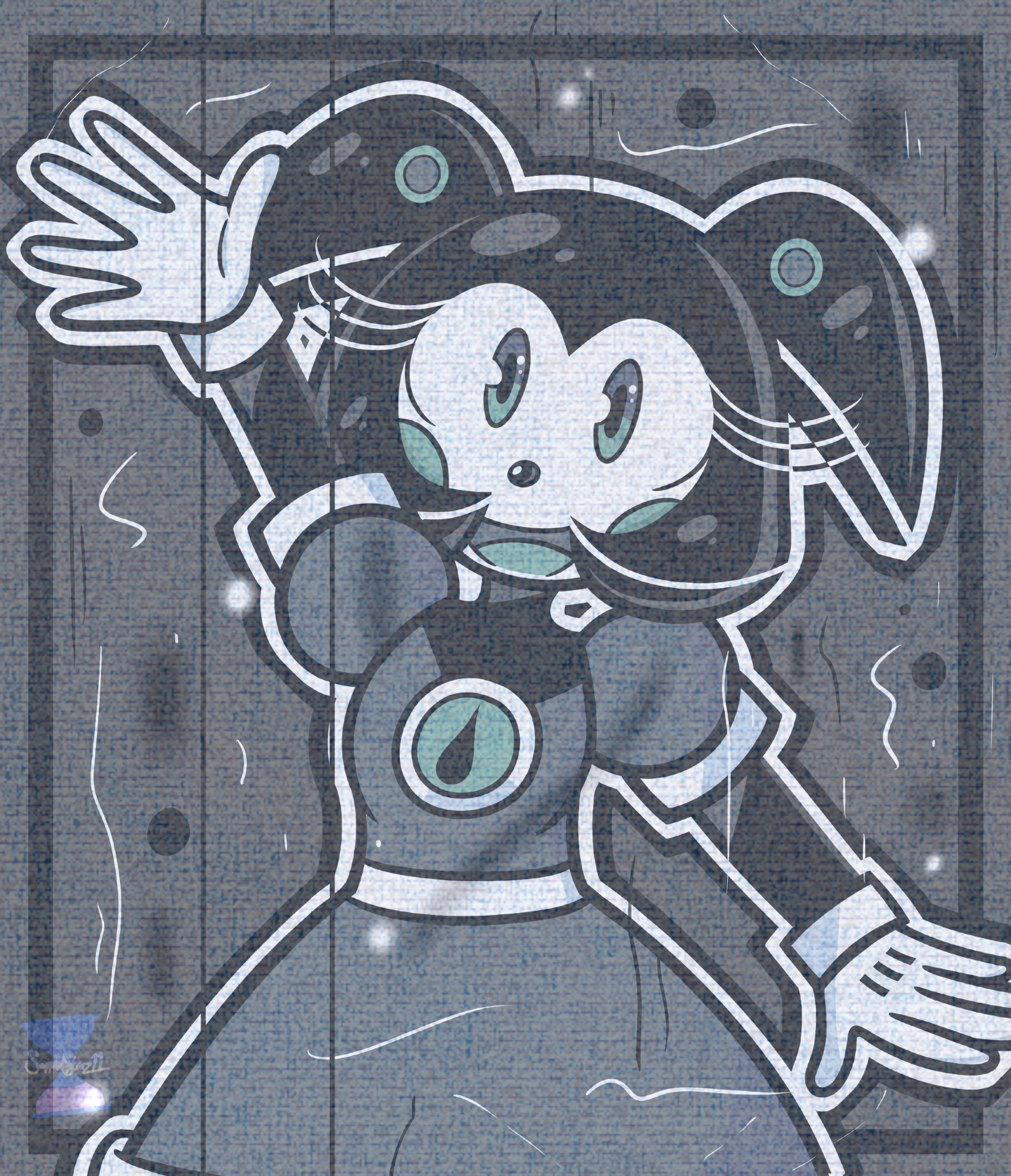 A drawing of a NetNavi OC named InkWoman.EXE! She's inspired by the rubberhose cartoon style, and has the colors black, white, gray, and light green in her design! She has her right arm up high, excited to see the viewer as she's covered in a filter to make her look as if she's in a 1920's film/cartoon!