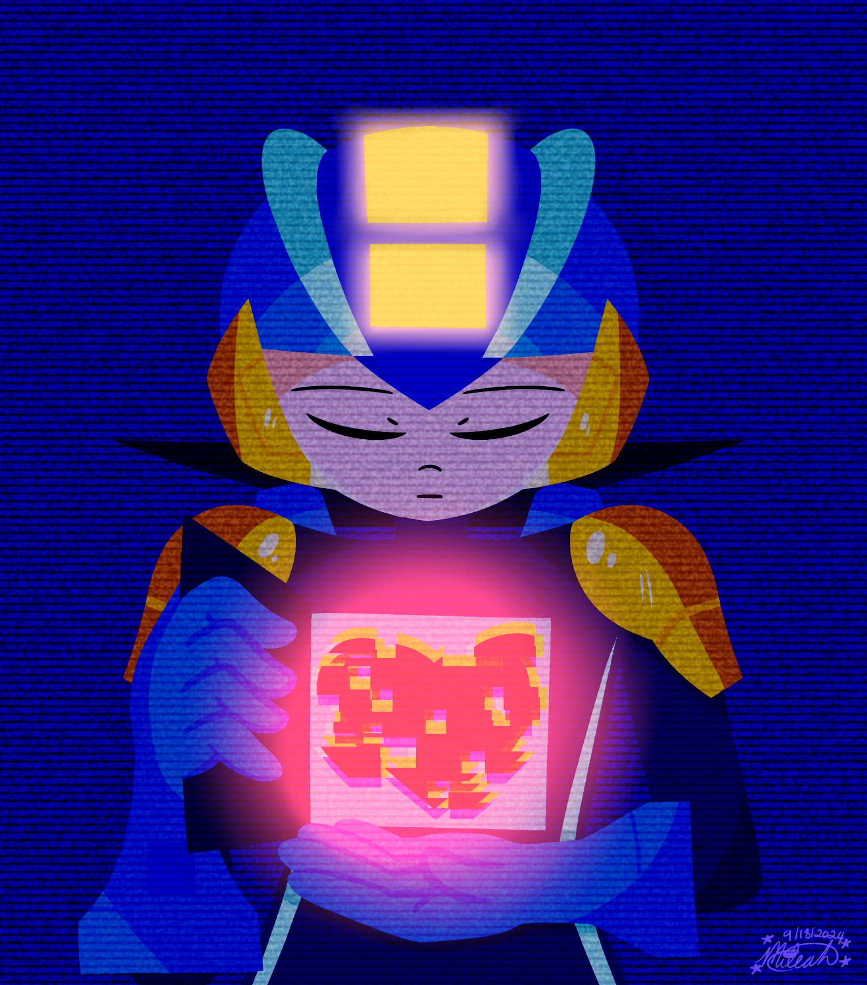 MegaMan.EXE surrounded a blue glitchy area, opening up a panel to reveal his heart; glowing a warm red light, yet just as glitchy as the area around him. Inspired by Astro Boy and the Astro Boy 2003 ED Song: Boy's Heart.