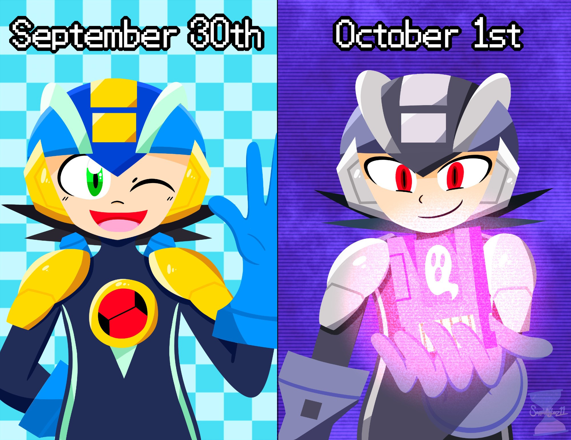 A take on the September 30th vs. October 1st meme, but with MegaMan.EXE and Dark Mega! MegaMan is on the left, winking and waving at the viewer with the text: "September 30th" above him; while Dark Mega is offering the viewer a DarkChip with the text: "October 1st" above him.