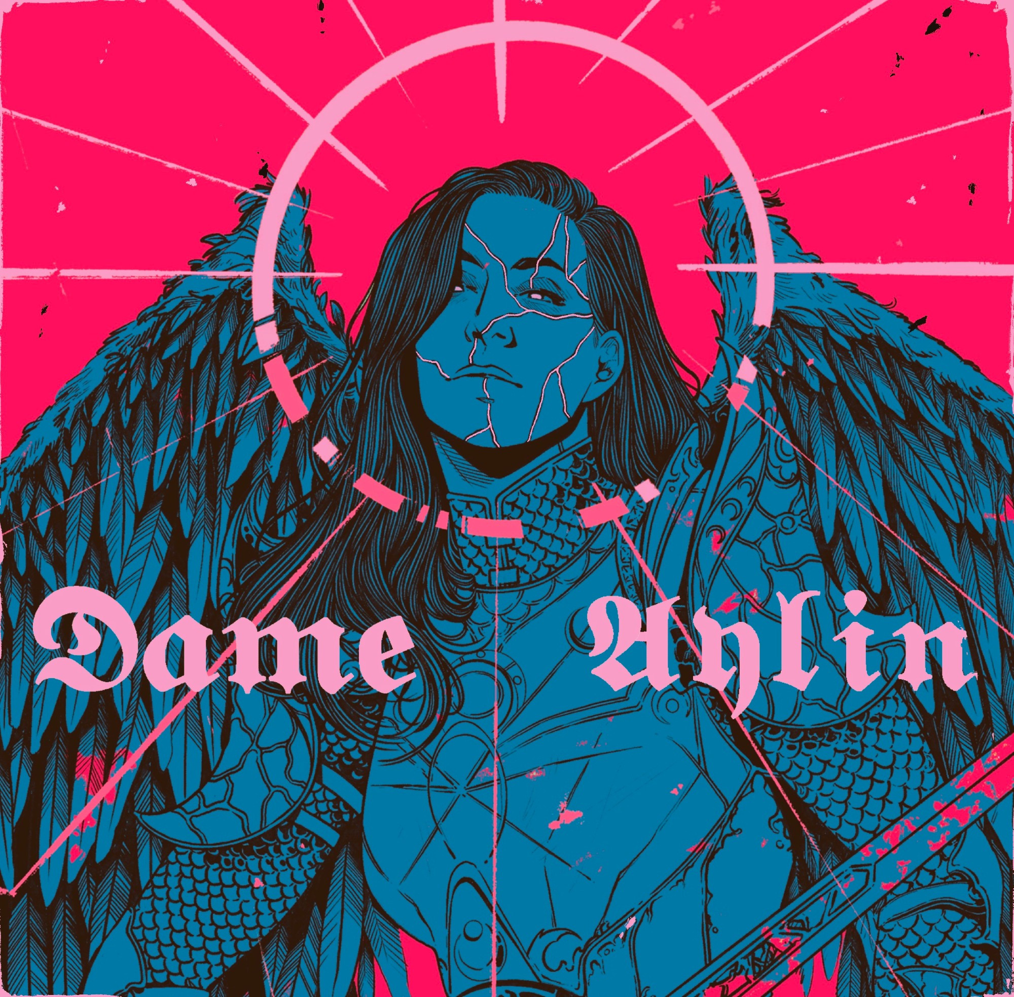 a cropped portrait of dame aylin with her in blue against a magenta background with a pink halo. it reads 'dame aylin' on either side.