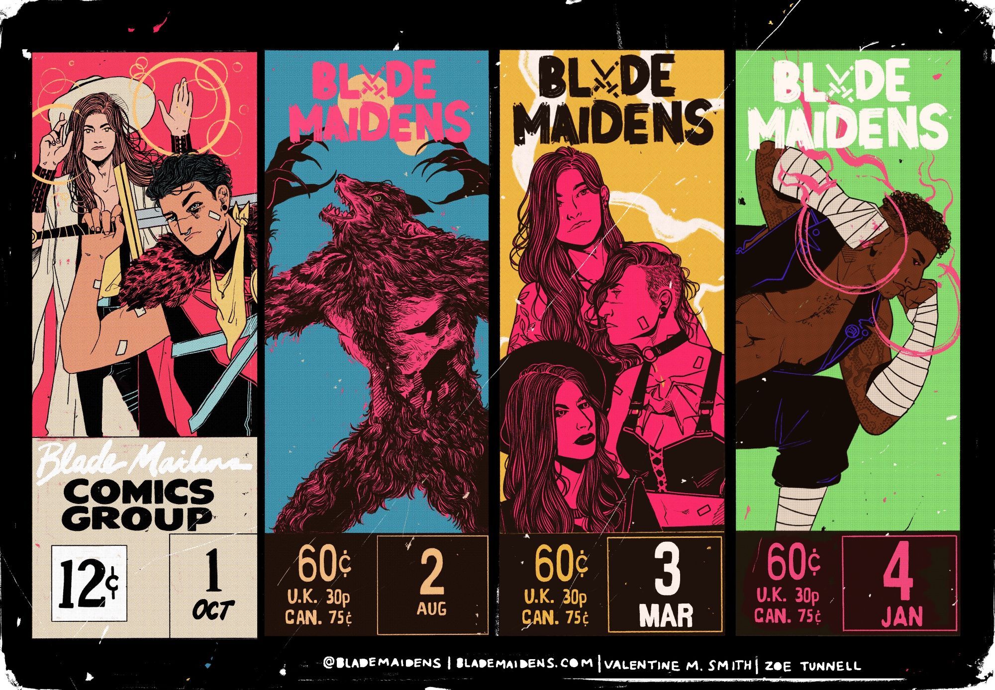 corner boxes for issues 1 through 4 of blade maidens. the first features rowan and ser, the second has mel in her wolf form, the third has mel, ser, and rowan stacked, and the fourth features eldridge ready to strike!