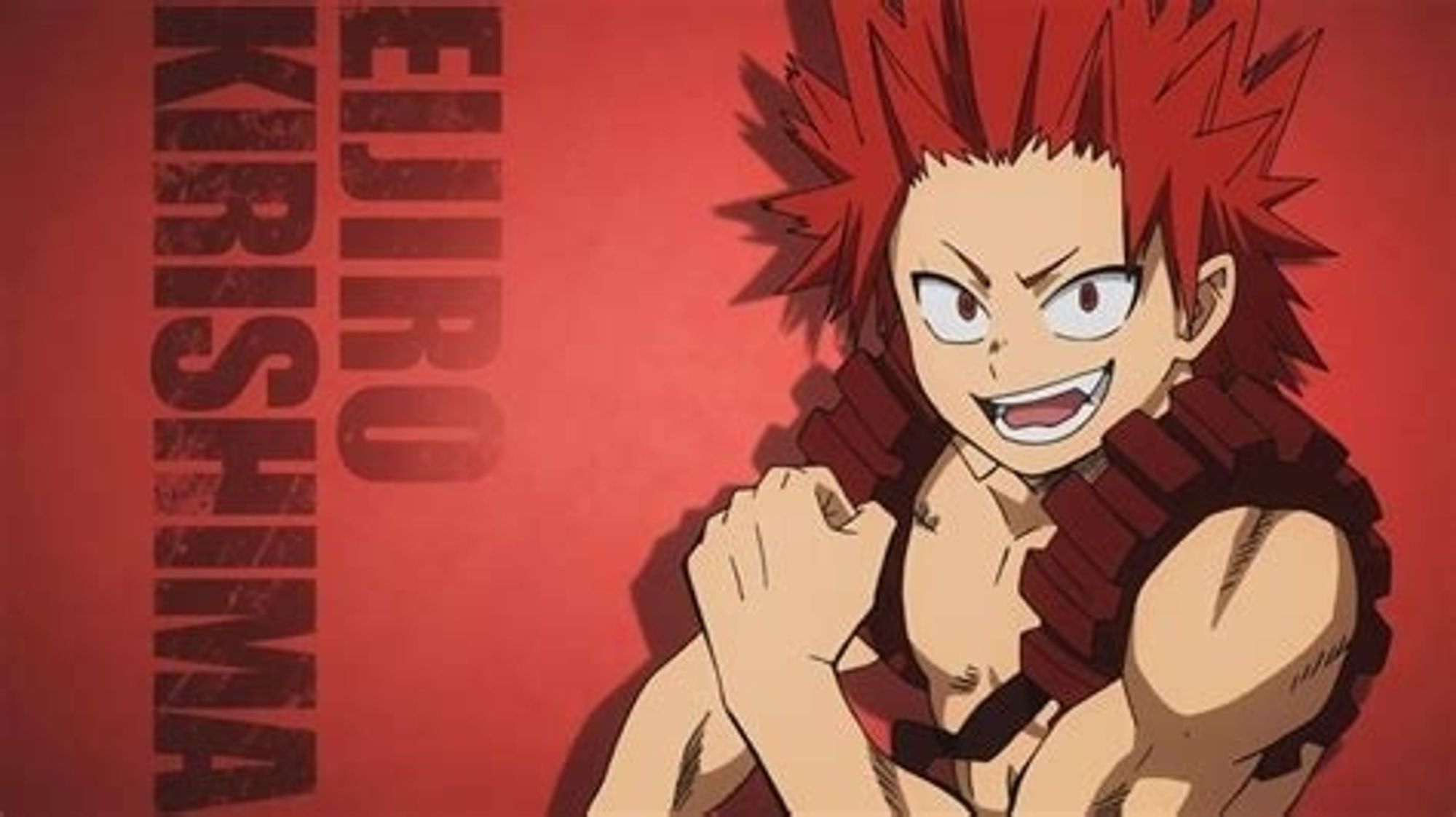 Kirishima Eijirou posing in his hero costume in front of a red background with his name in text next to him