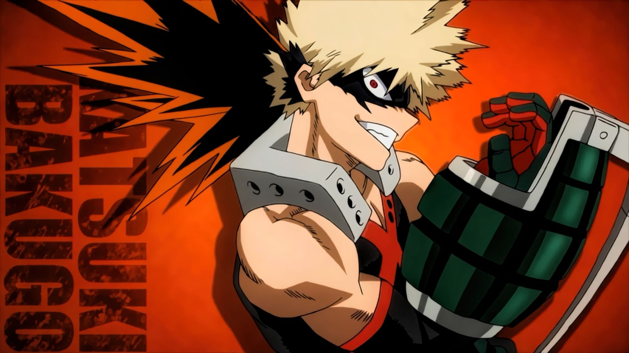 Bakugou Katsuki posing in his hero costume in front of an orange background with his name in text next to him.