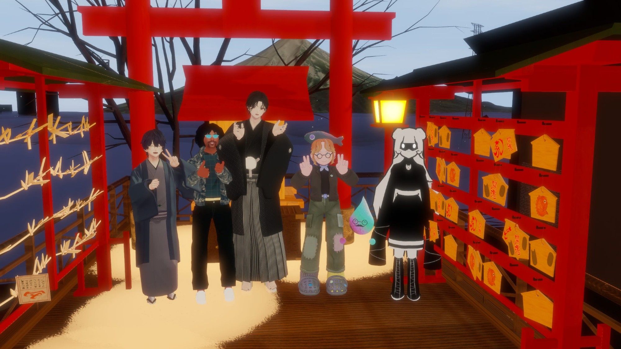 This is an image of ArmaniXR with Bonito, Lifetoast, Doodledrop joining the leaders of the VR Japan Tours team for an Glitches.VR interview in a traditional Japanese world in VRChat.