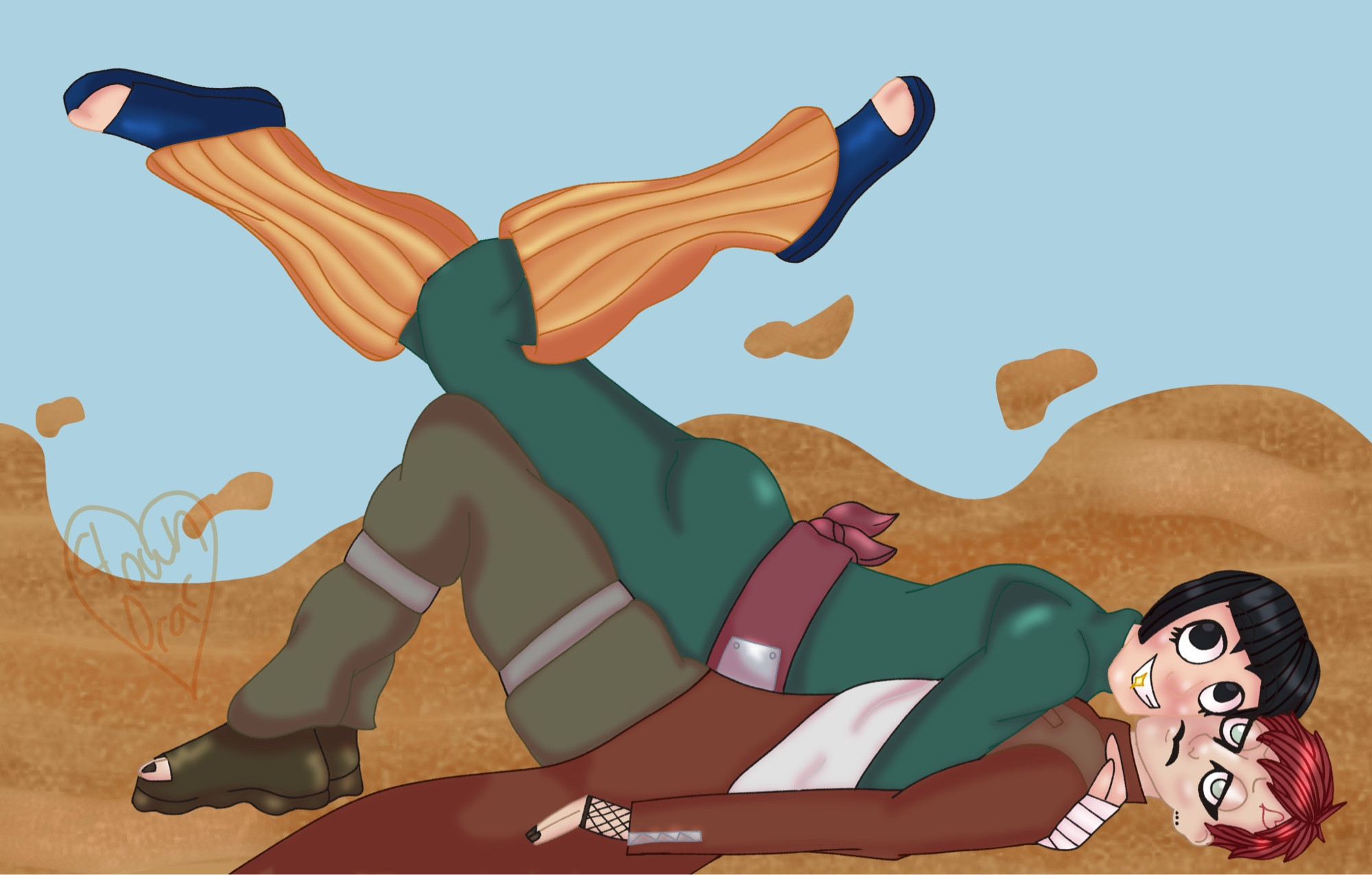 Gaara and Rock Lee from Naruto in a cute couples pose where Rock Lee is laying on top of Garra with his legs up in the air. Gaara’s expression is neutral while Rock Lee sports a bright smile.