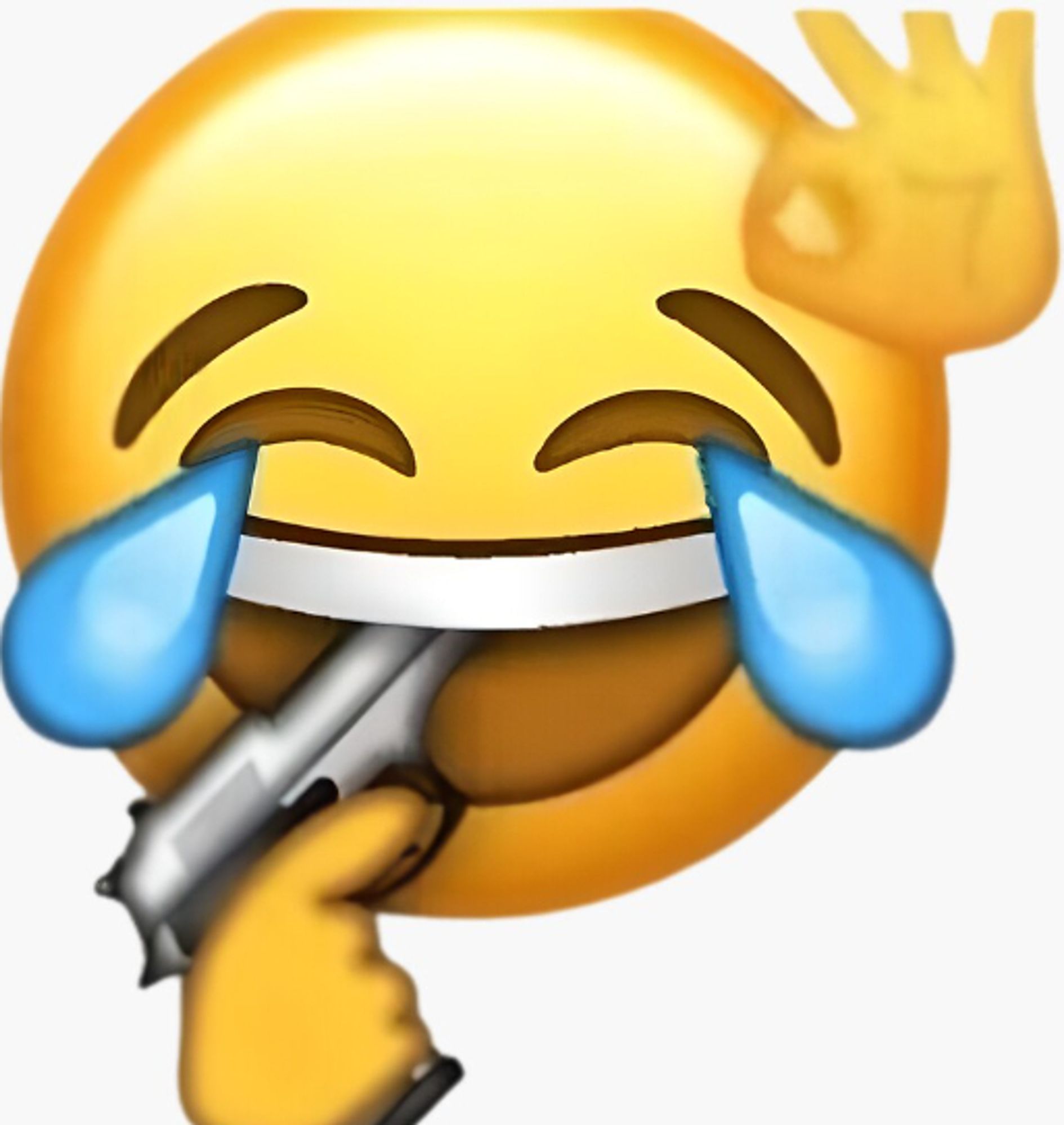 Imagem editada do clássico emoji de risada/chorando de rir. Ele está com uma mão esquerda levantada fazendo sinal de "ok", e com a mão esquerda ele coloca o cano de uma pistola dentro de sua própria boca, com o dedo encostando no gatilho.