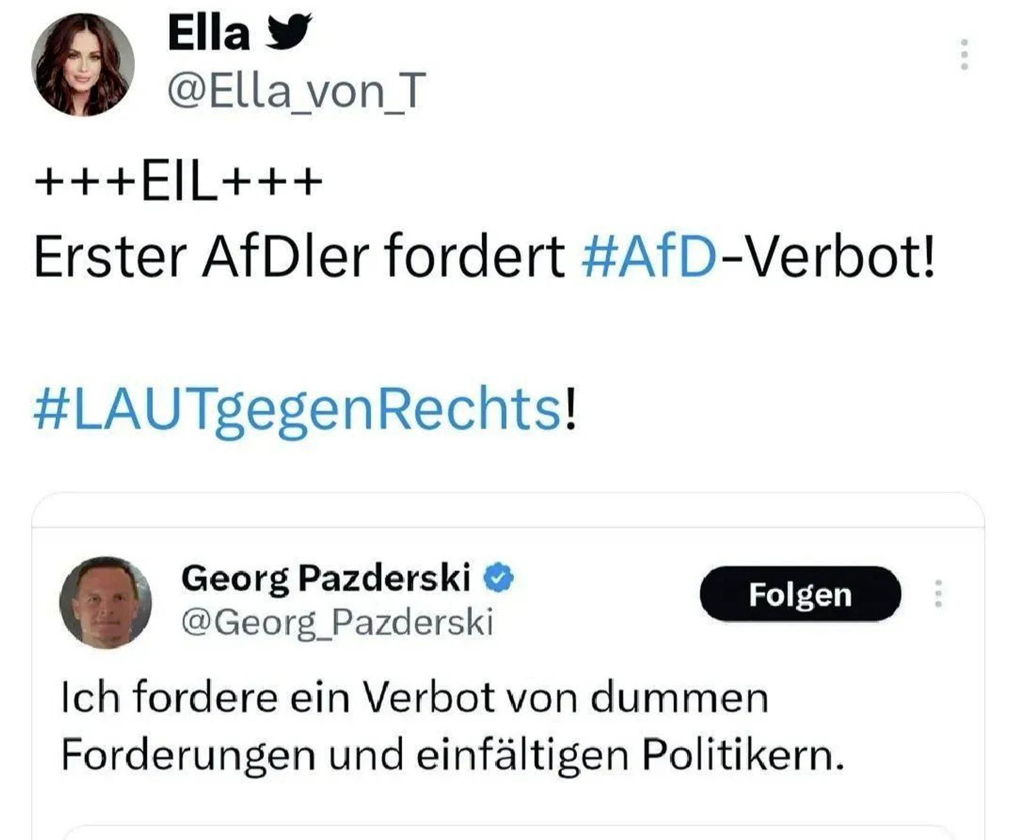 Ella ¥ " @EllavonT 

+++EIL+++ 
Erster AfDler fordert #AfD-Verbot! 
#LAUTgegenRechts!

Georg Pazderski @ @Georg_Pazderski

 Ich fordere ein Verbot von dummen Forderungen und einfältigen Politikern.