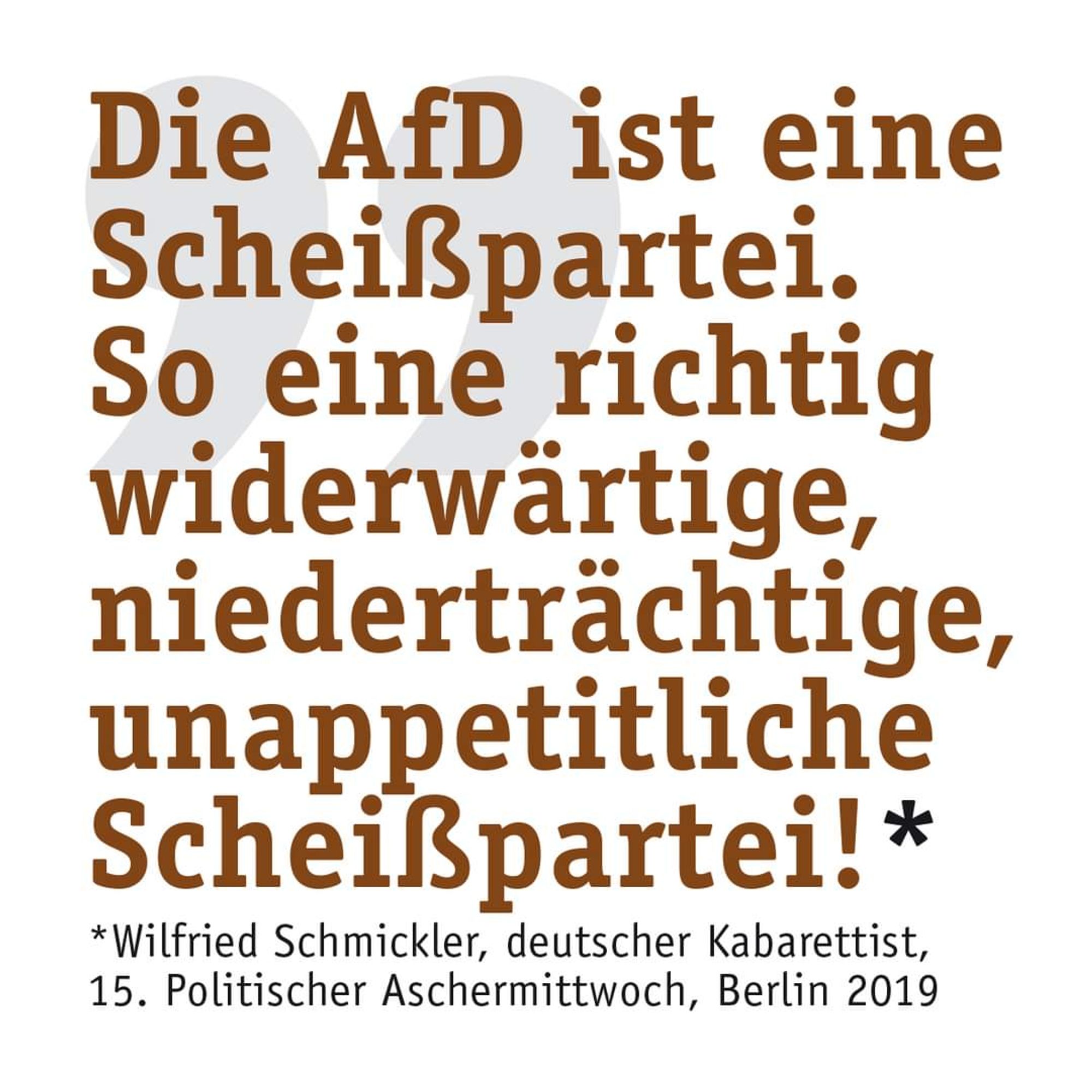 Die AfD ist eine Scheißpartei. So eine richtig widerwärtige niederträchtige, unappetitliche Scheißpartei!

* Wilfried Schmickler, deutscher Kabarettist.
15. Politischer Aschermittwoch, Berlin 2019