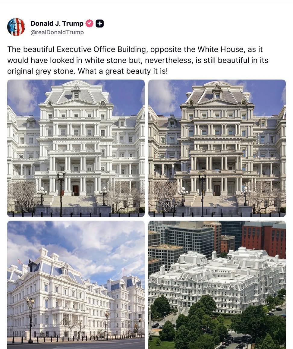 Trump post on EEOB with white-facade AI images 