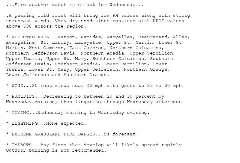 ...Fire weather watch in effect for Wednesday...

.A passing cold front will bring low RH values along with strong
northeast winds. Very dry conditions continue with KBDI values
above 600 across the region.

* AFFECTED AREA...Vernon, Rapides, Avoyelles, Beauregard, Allen,
Evangeline, St. Landry, Lafayette, Upper St. Martin, Lower St.
Martin, West Cameron, East Cameron, Northern Calcasieu,
Northern Jefferson Davis, Northern Acadia, Upper Vermilion,
Upper Iberia, Upper St. Mary, Southern Calcasieu, Southern
Jefferson Davis, Southern Acadia, Lower Vermilion, Lower
Iberia, Lower St. Mary, Upper Jefferson, Northern Orange,
Lower Jefferson and Southern Orange.

* WIND...20 foot winds near 20 mph with gusts to 25 to 30 mph.

* HUMIDITY...Decreasing to between 20 and 30 percent by
Wednesday morning, then lingering through Wednesday afternoon.

* TIMING...Wednesday morning to Wednesday evening.

* LIGHTNING...None expected.

* EXTREME GRASSLAND FIRE DANGER...is forecast.

* IMPACTS...Any fires that develop will likely spread rapidly.
Outdoor burning is not recommended.