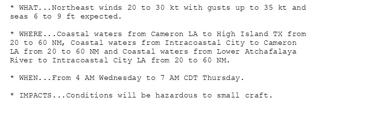 * WHAT...Northeast winds 20 to 30 kt with gusts up to 35 kt and
seas 6 to 9 ft expected.

* WHERE...Coastal waters from Cameron LA to High Island TX from
20 to 60 NM, Coastal waters from Intracoastal City to Cameron
LA from 20 to 60 NM and Coastal waters from Lower Atchafalaya
River to Intracoastal City LA from 20 to 60 NM.

* WHEN...From 4 AM Wednesday to 7 AM CDT Thursday.

* IMPACTS...Conditions will be hazardous to small craft.