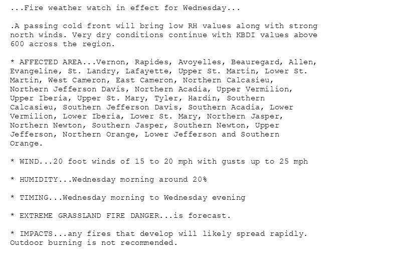 ...Fire weather watch in effect for Wednesday...

.A passing cold front will bring low RH values along with strong
north winds. Very dry conditions continue with KBDI values above
600 across the region.

* AFFECTED AREA...Vernon, Rapides, Avoyelles, Beauregard, Allen,
Evangeline, St. Landry, Lafayette, Upper St. Martin, Lower St.
Martin, West Cameron, East Cameron, Northern Calcasieu,
Northern Jefferson Davis, Northern Acadia, Upper Vermilion,
Upper Iberia, Upper St. Mary, Tyler, Hardin, Southern
Calcasieu, Southern Jefferson Davis, Southern Acadia, Lower
Vermilion, Lower Iberia, Lower St. Mary, Northern Jasper,
Northern Newton, Southern Jasper, Southern Newton, Upper
Jefferson, Northern Orange, Lower Jefferson and Southern
Orange.

* WIND...20 foot winds of 15 to 20 mph with gusts up to 25 mph

* HUMIDITY...Wednesday morning around 20%

* TIMING...Wednesday morning to Wednesday evening

* EXTREME GRASSLAND FIRE DANGER...is forecast.

* IMPACTS...any fires that develop will likely spread rapidly.
Outdoor burning is not recommended.