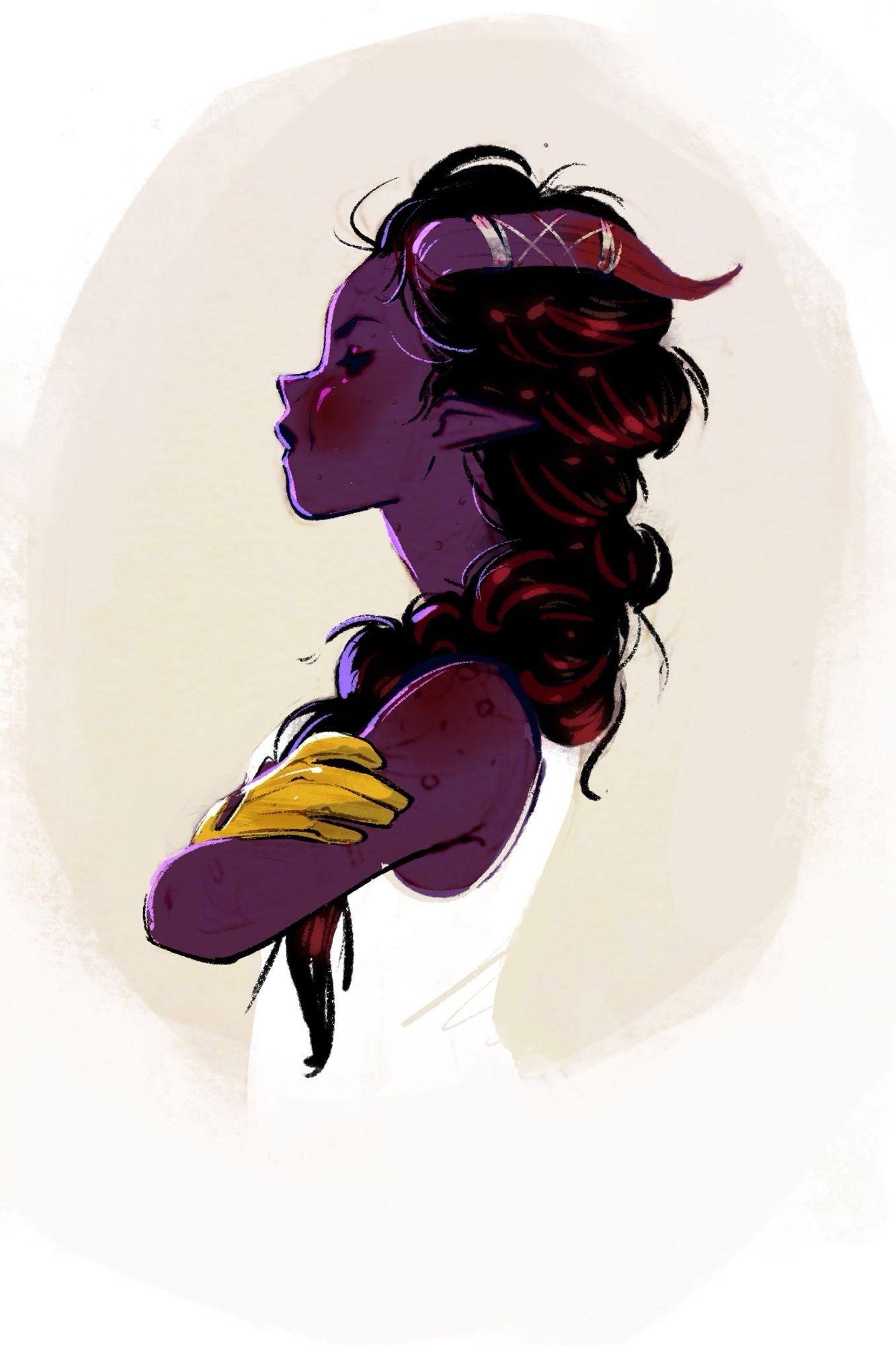 A profile portrait of Deft, a purple tiefling with long black hair Viking-braided over her shoulder. Her horns are wrapped in silver wire and she wears buckskin gloves and a white tank top.