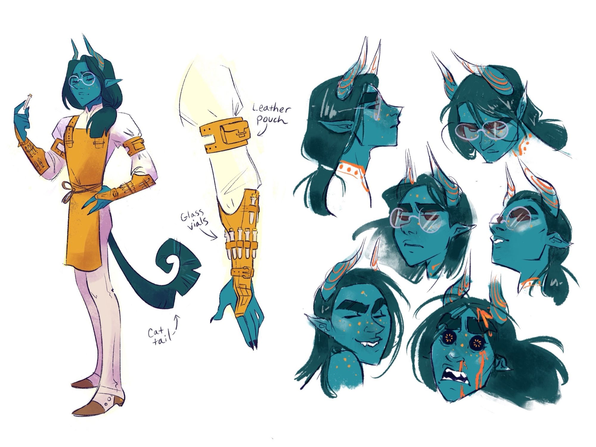 A character sheet for Cognition, a teal tiefling with round glasses, a cat tail, and long dark hair. In the first image he wears victorian-inspired clothing, an apron, and arm braces covered in empty specimen vials.