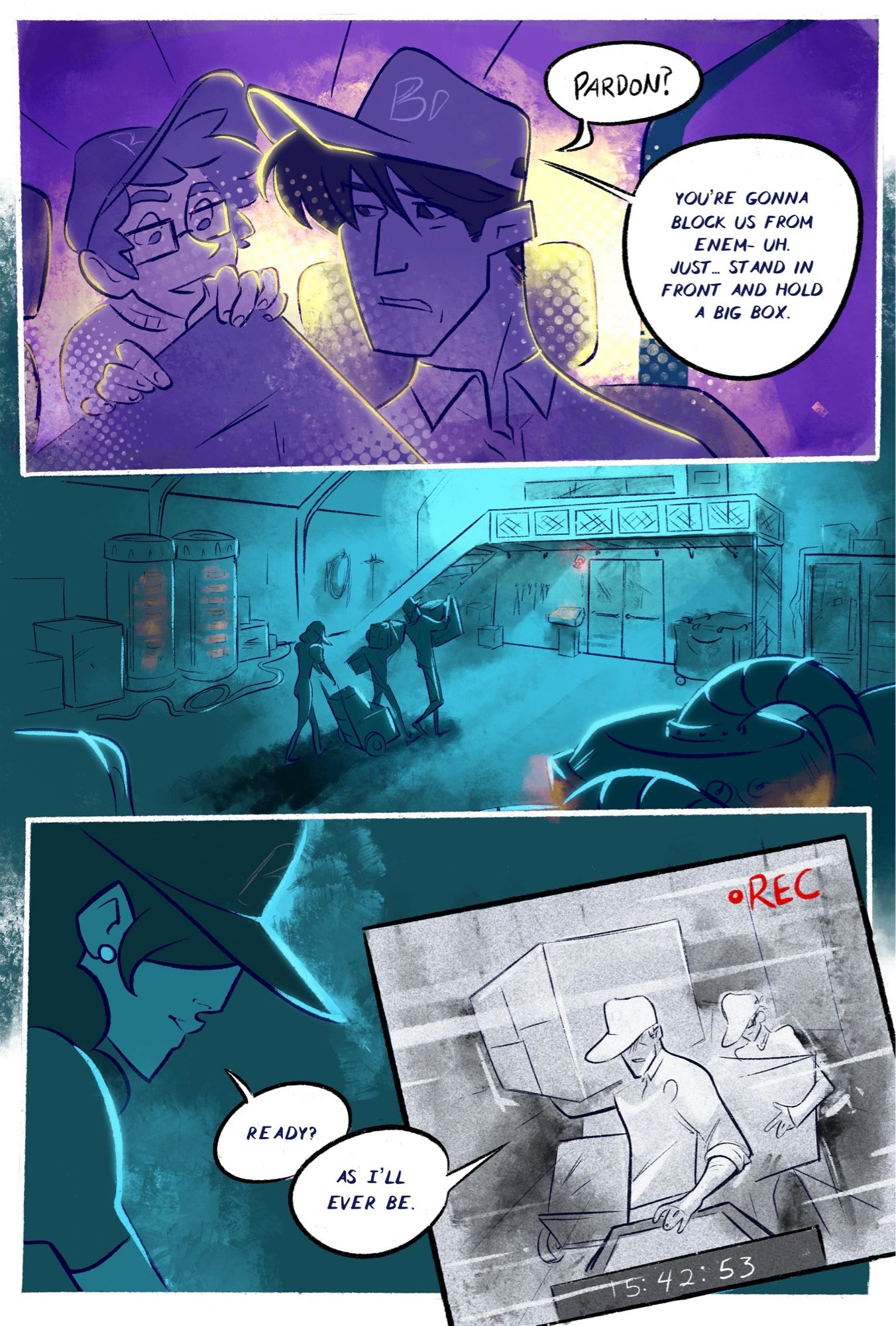 A page of the comic Anacrine Complex. Three characters use baseball caps and company polos to disguise themselves from cameras. They are about to begin a heist.