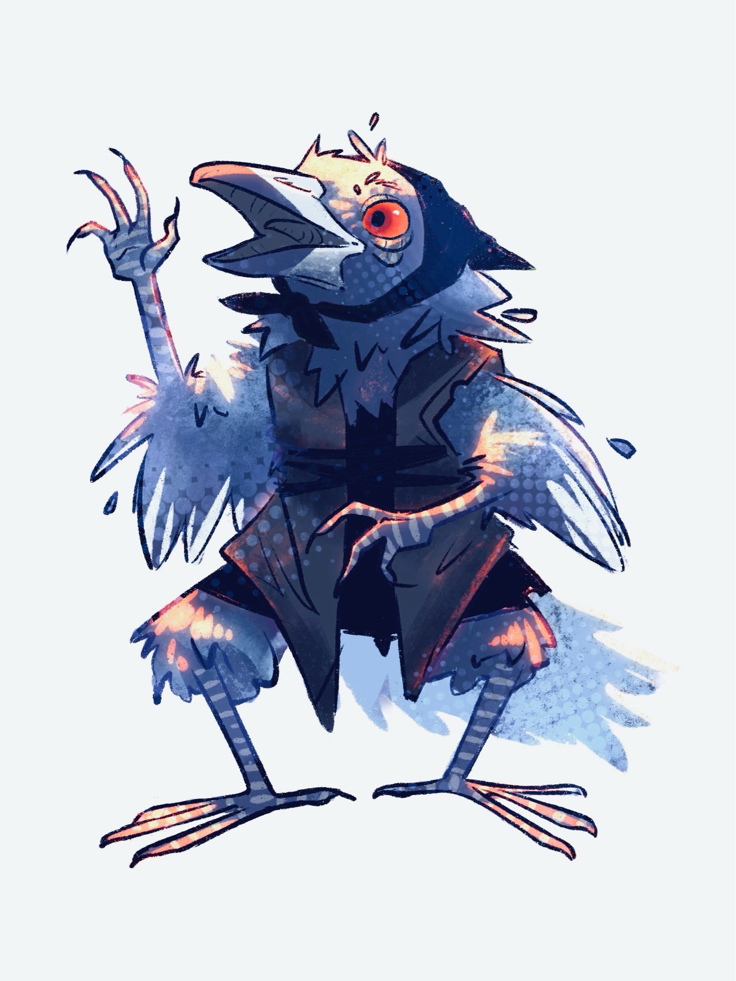 A drawing of Gutpunch, a raggedy Kenku. She has crow-like features, red eyes, and fluffy gray feathers. She wears a bandanna and enough clothing to conceivably hide treasures in.