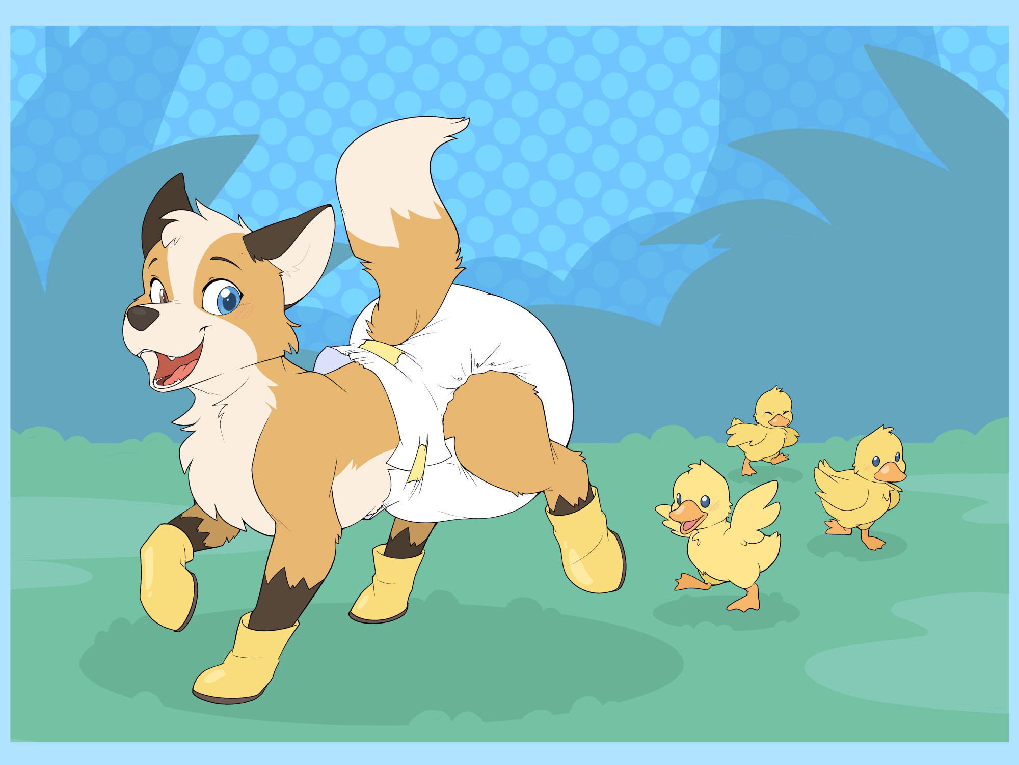 An image of Kit marching in a little forest with his line of ducklings following after him!