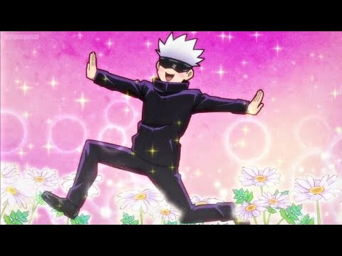 Satoru Gojo from the anime Jujutsu Kaisen, skipping through a field of flowers with a gleeful look on his face.