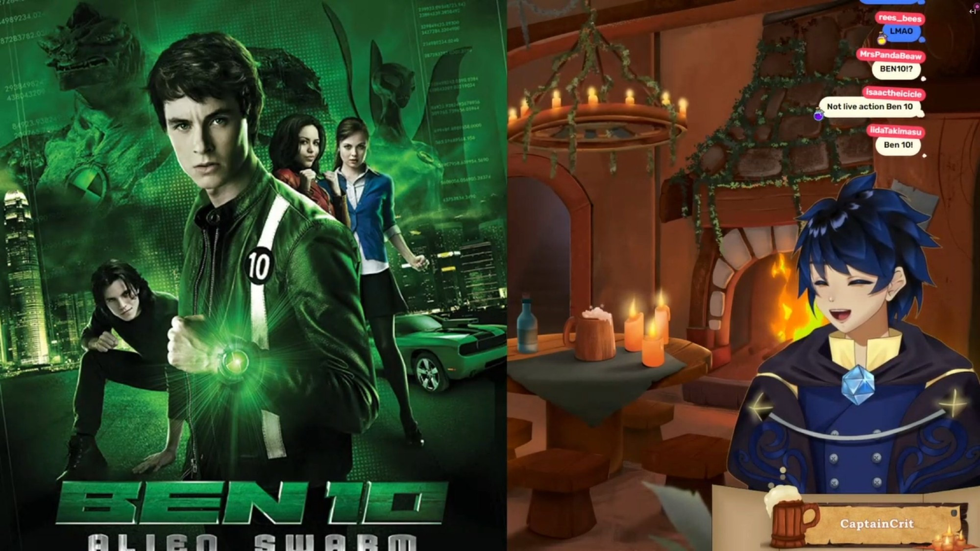 On the left side of the screen is a poster for the live-action movie Ben 10 Alien Swarm, featuring a brown-haired teenager in the middle of the screen wearing a green jacket with a white stripe (and a number 10 at the chest area of the stripe) & a green device that looks like a watch.
Behind him is a black-haired guy posing on the ground, a girl with a red top and dark hair, & his cousin, a girl with a blue sweater, a white top, a dark skirt, and dark stockings.
(A green car is visible behind them also). 
A dark blue haired vtuber is visible on the right side of the screen, looking towards his right/our left, with his mouth open as if speaking. He has a twenty-sided light blue charm just below the parchment-colored collar around his neck. His top has a cloak portion with a dark black inky color & a formal attire portion with a dark blue color and eight silver buttons.