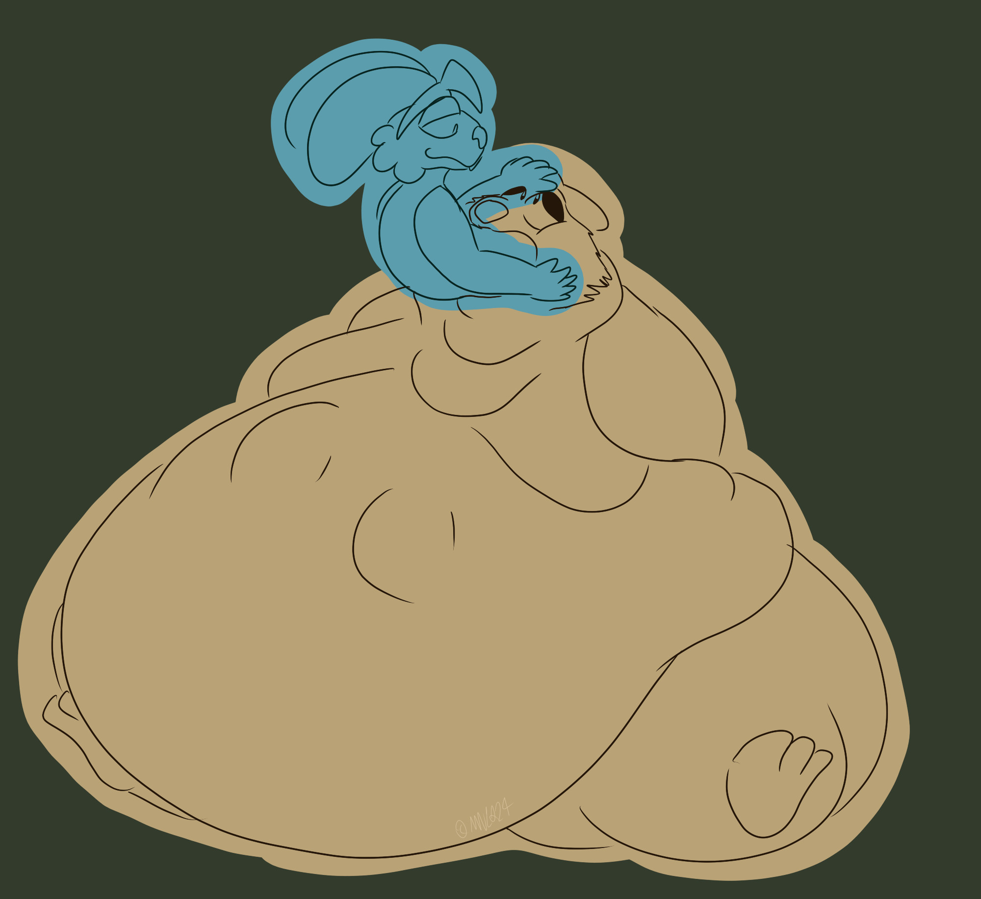 Buck halfway through feeding themselves to a fattened and stuffed Dirk.